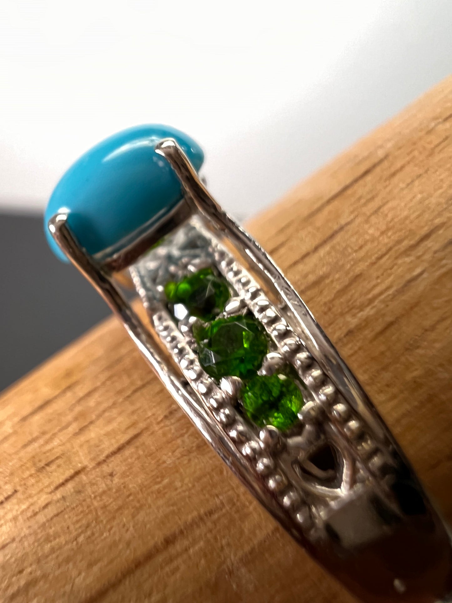 Sleeping Beauty turquoise and chrome diopside sterling silver ring size 9