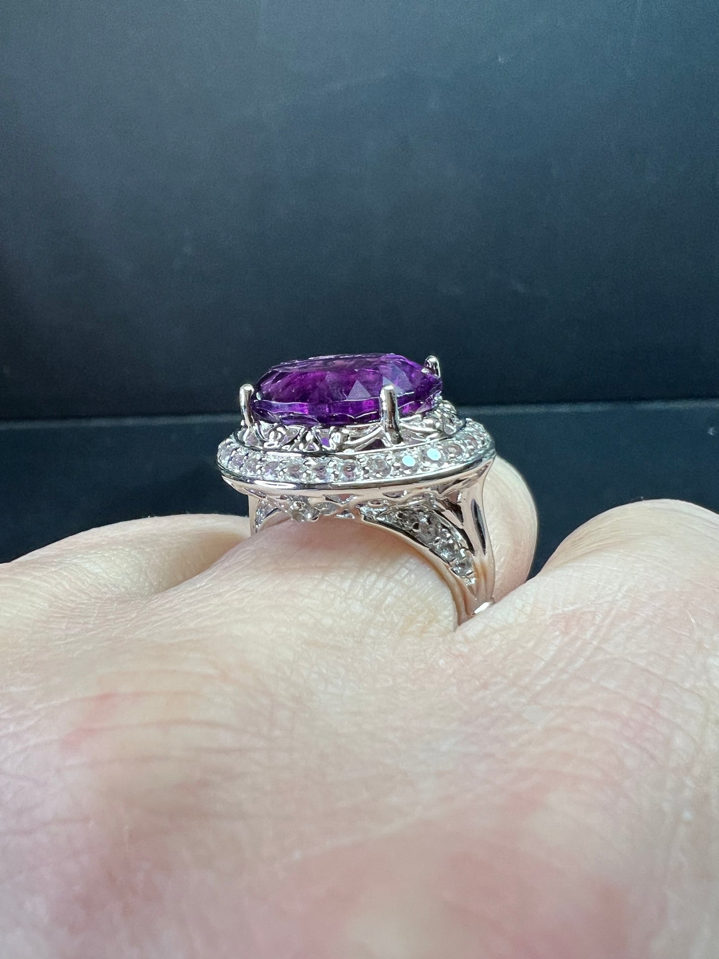 Sterling Silver Purple Fluorite & White Topaz Halo Ring Size 6