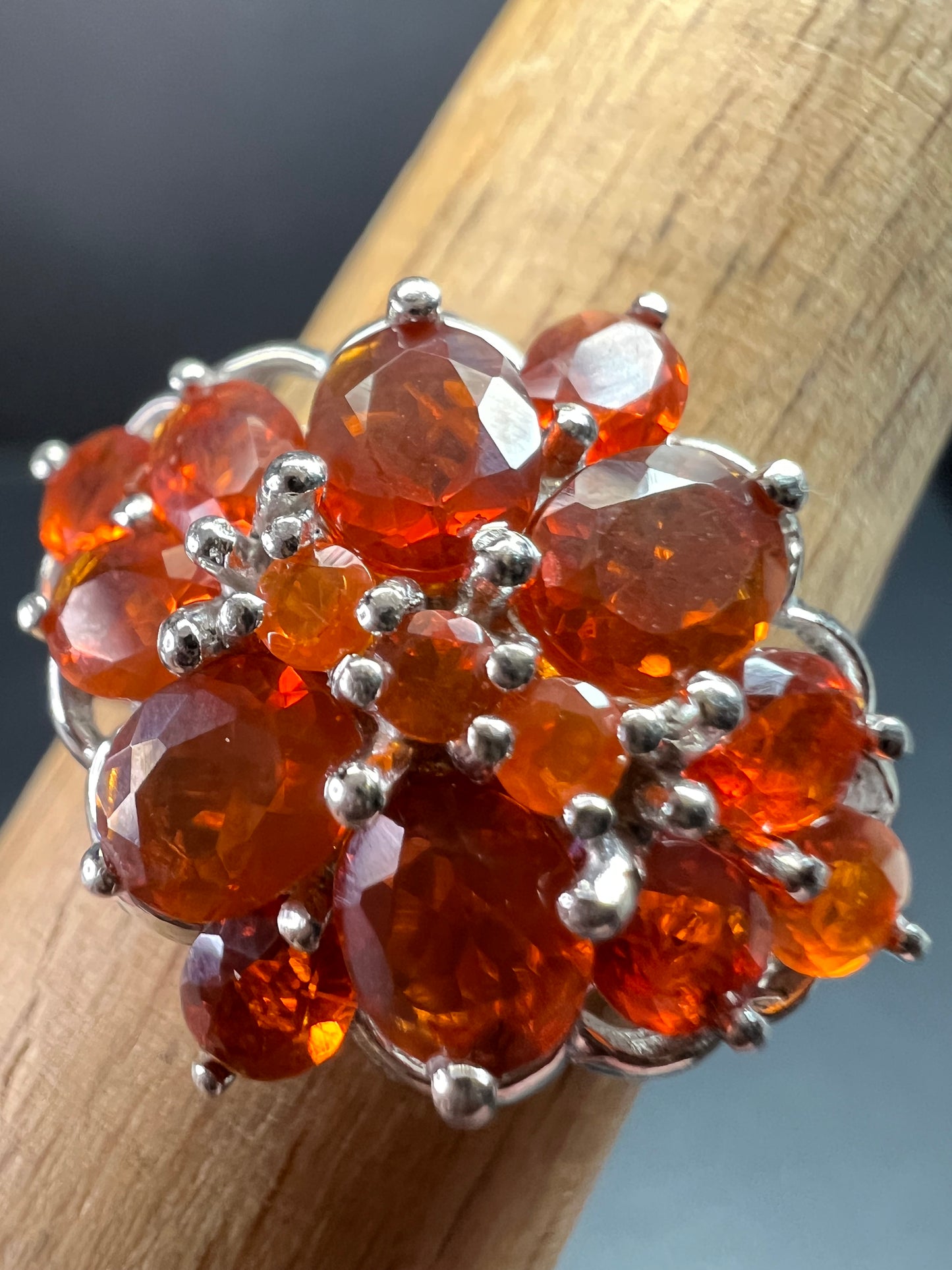 Vintage Sterling Silver Mexican Fire Opal Floral Cluster Ring Sz 9
