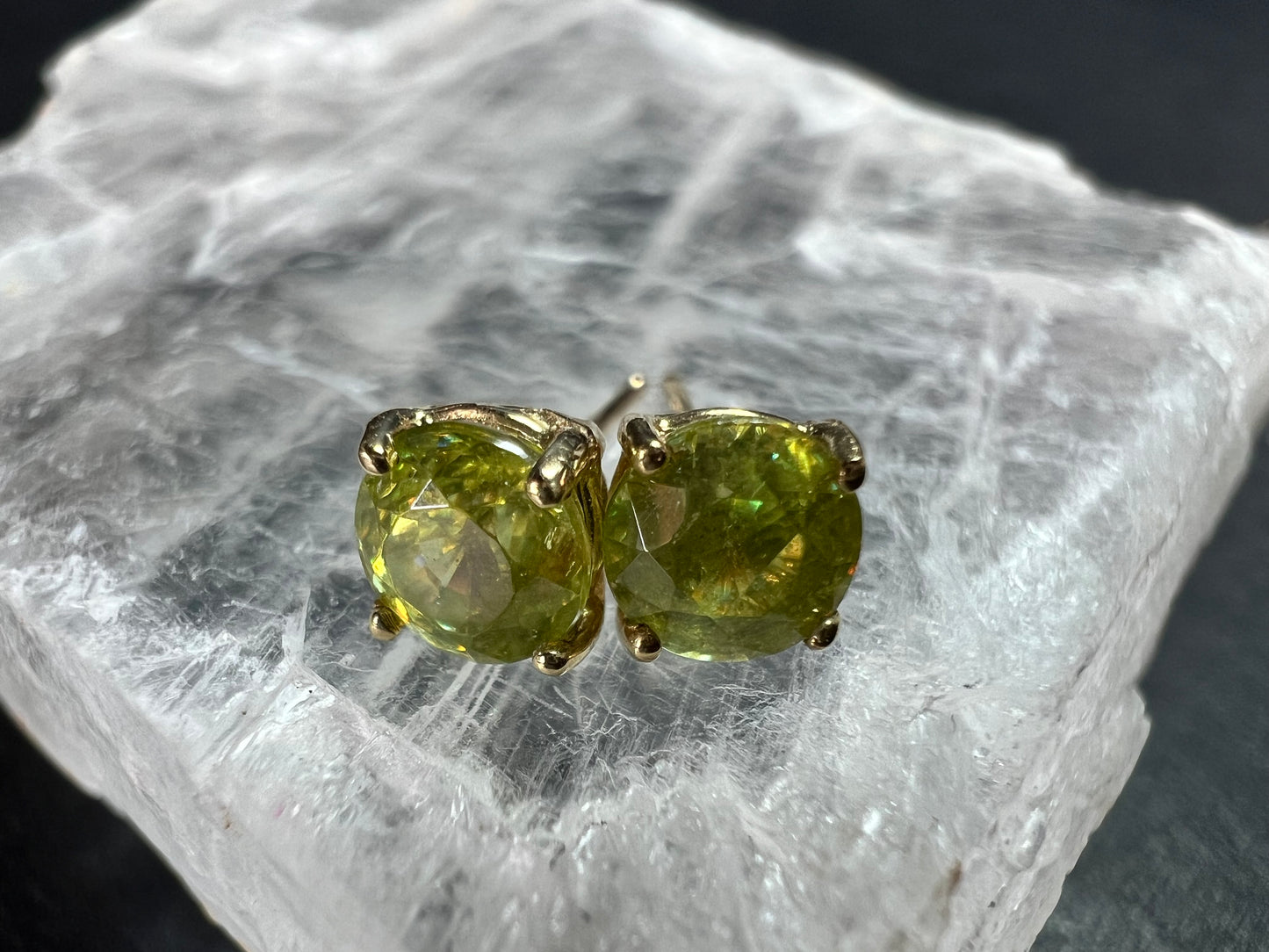Rare Sphene Titanite Stud Earrings in 14k Yellow Gold
