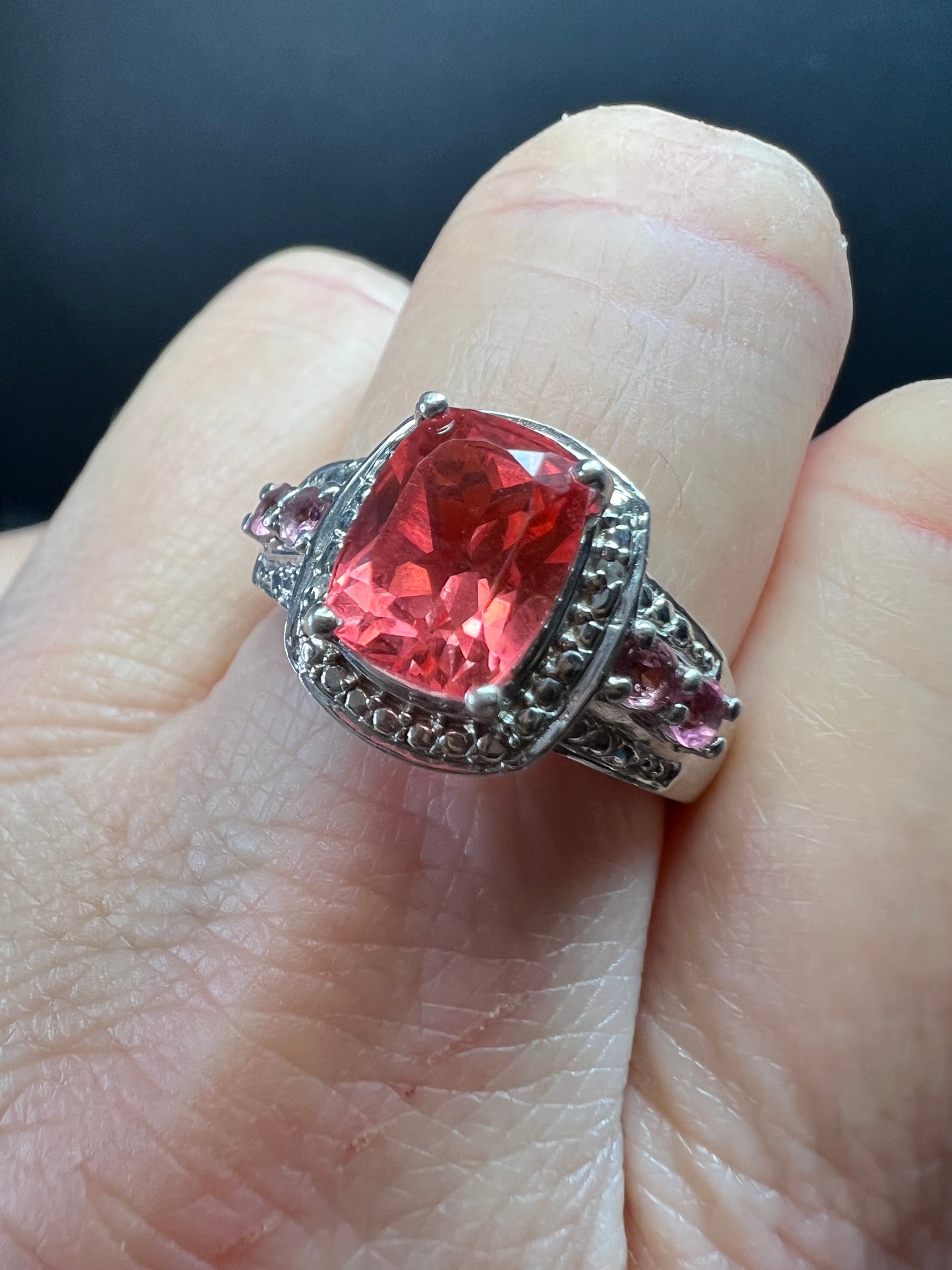 Sterling Silver Peach Red Quartz Doublet & Pink Tourmaline Ring 8.75