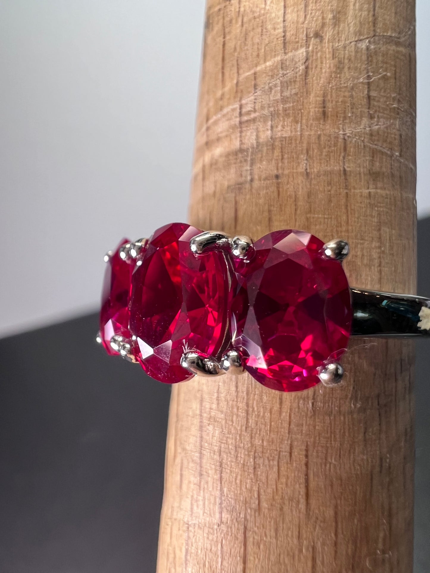 Lab created ruby and silver triple stone ring size 8