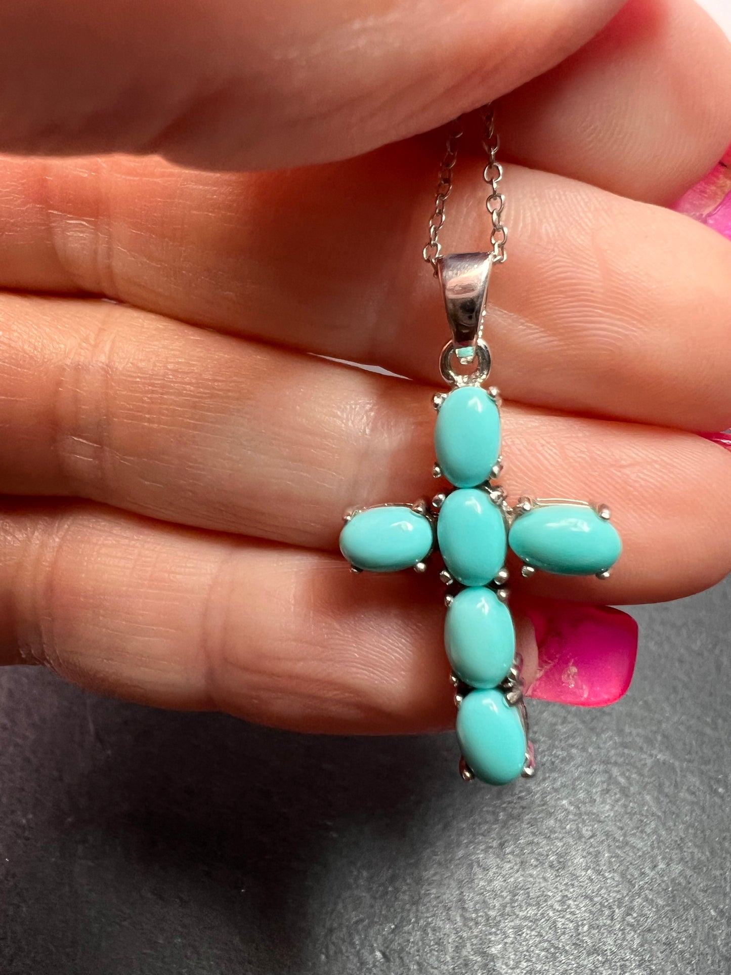 Sleeping Beauty turquoise cross pendant and chain  in rhodium over sterling silver necklace