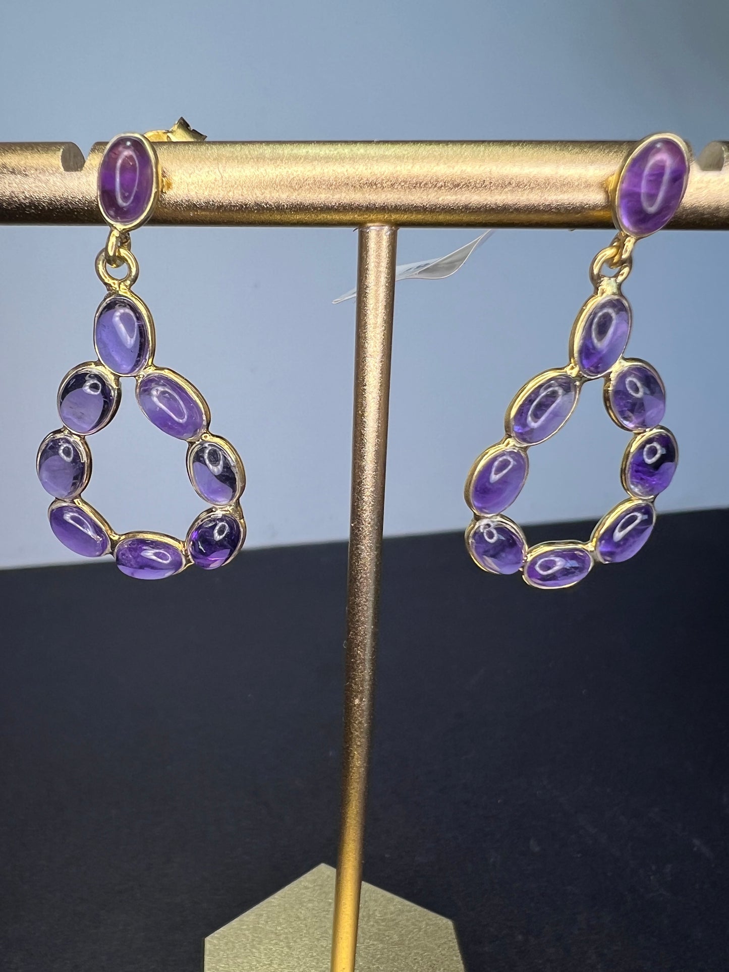 New amethyst teardrop hoop earrings in 18k gold over sterling silver