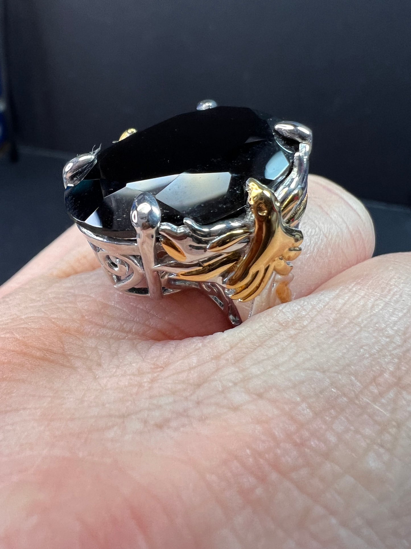 NEW Black spinel Phoenix ring in rhodium and gold vermeil over sterling silver size 7