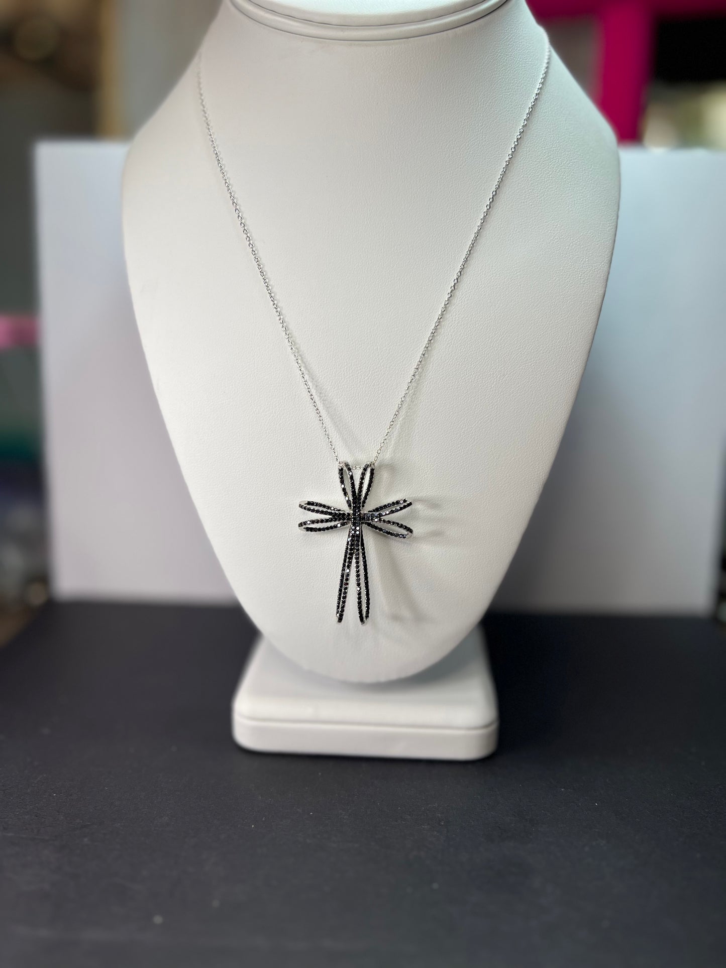 Black Spinel Rhodium Over Sterling Silver Cross Pendant With Chain 1.79ctw