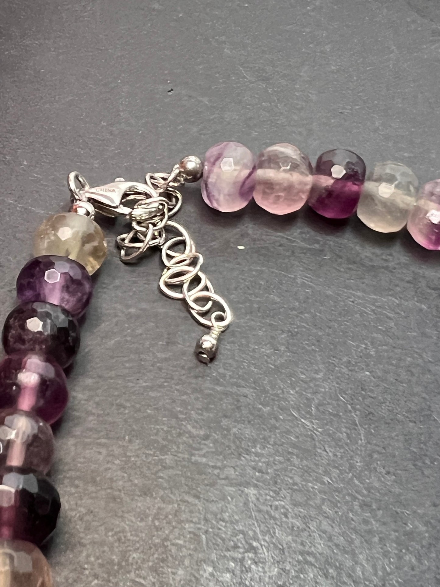 Rainbow and purple fluorite faceted beaded statement necklace with 925 lobster clasp