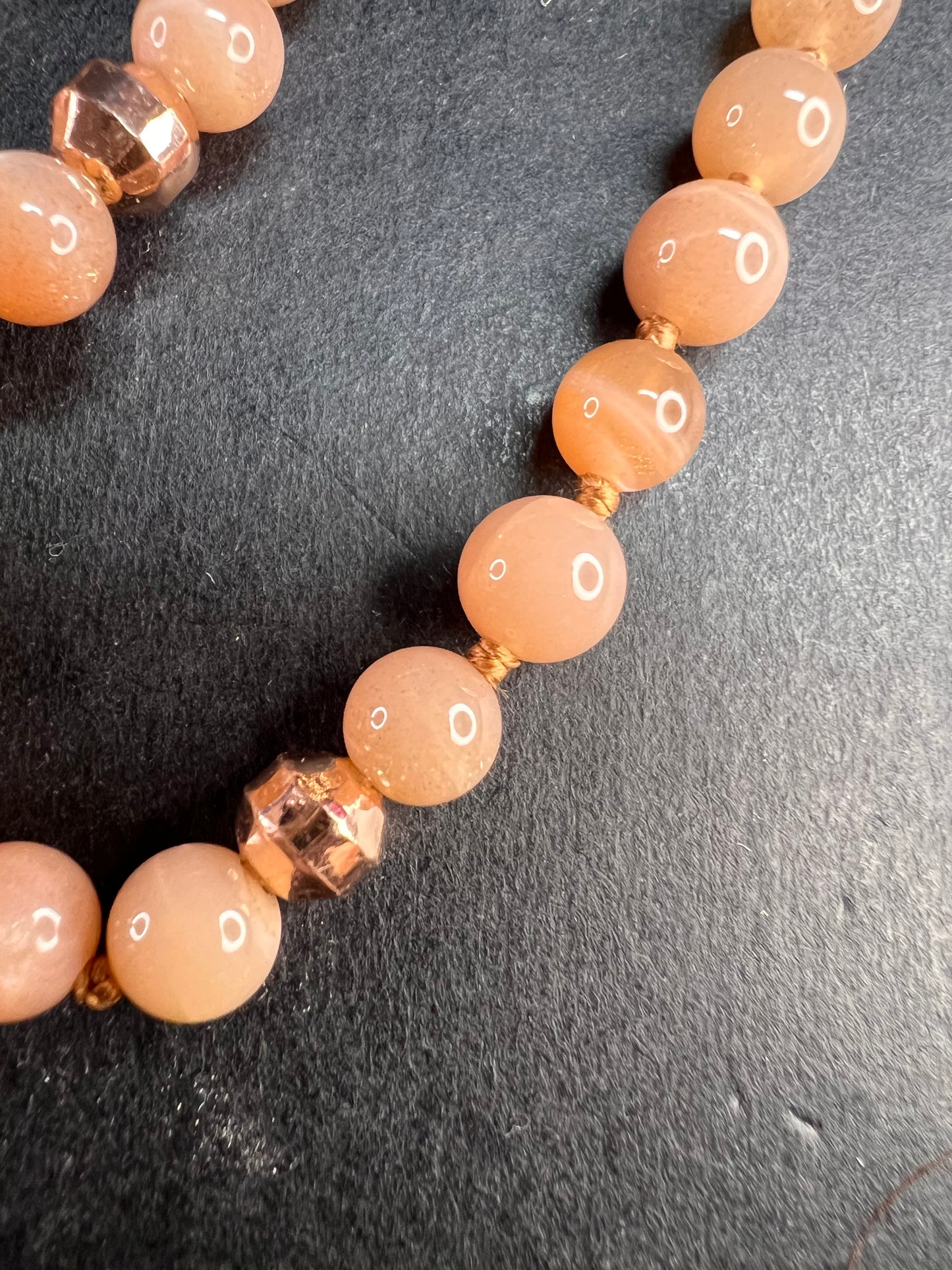 NEW Peach moonstone 30 inch knotted necklace with rose gold over bronze