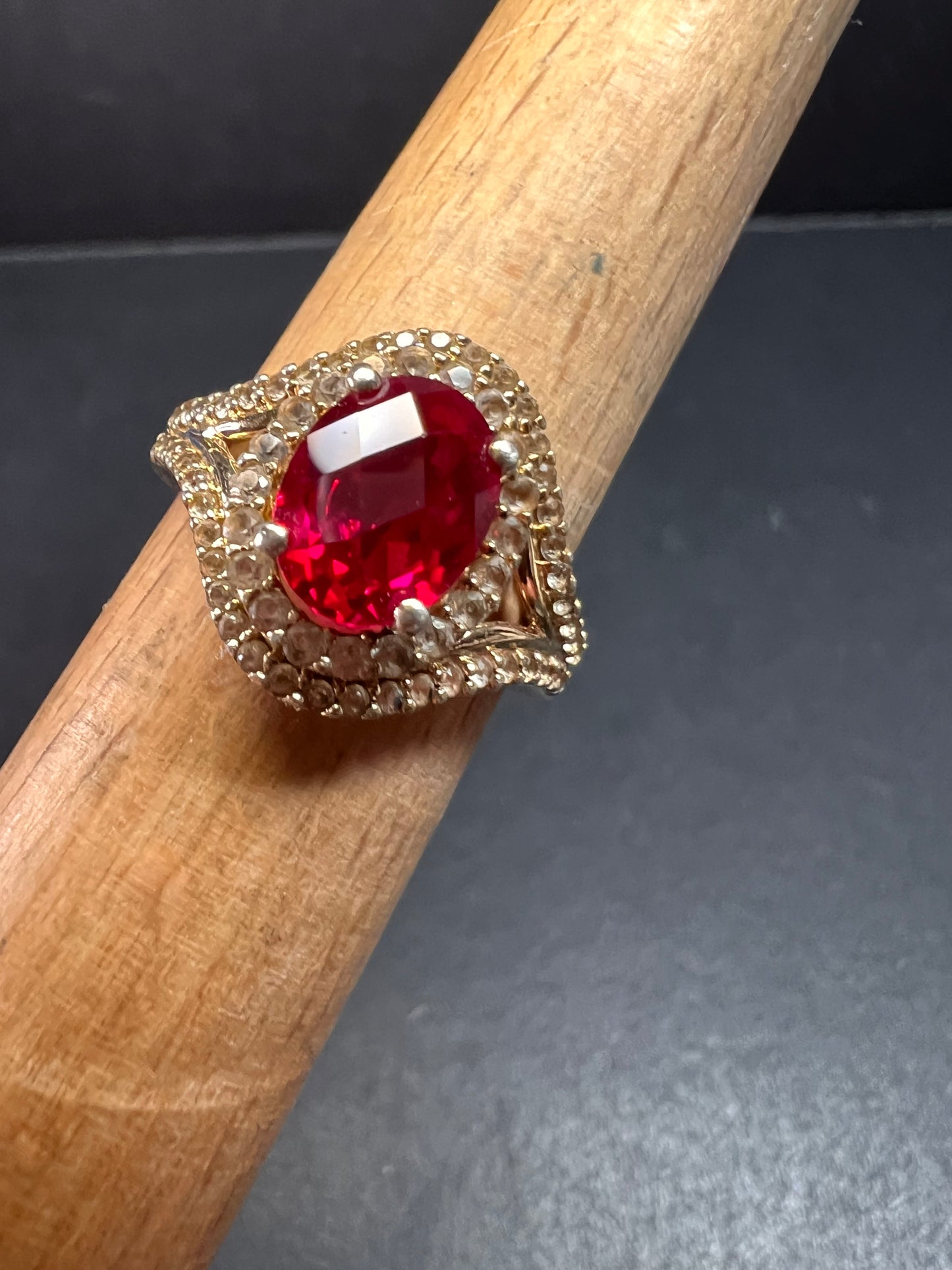 Lab Ruby and topaz halo ring in gold over sterling silver size 7