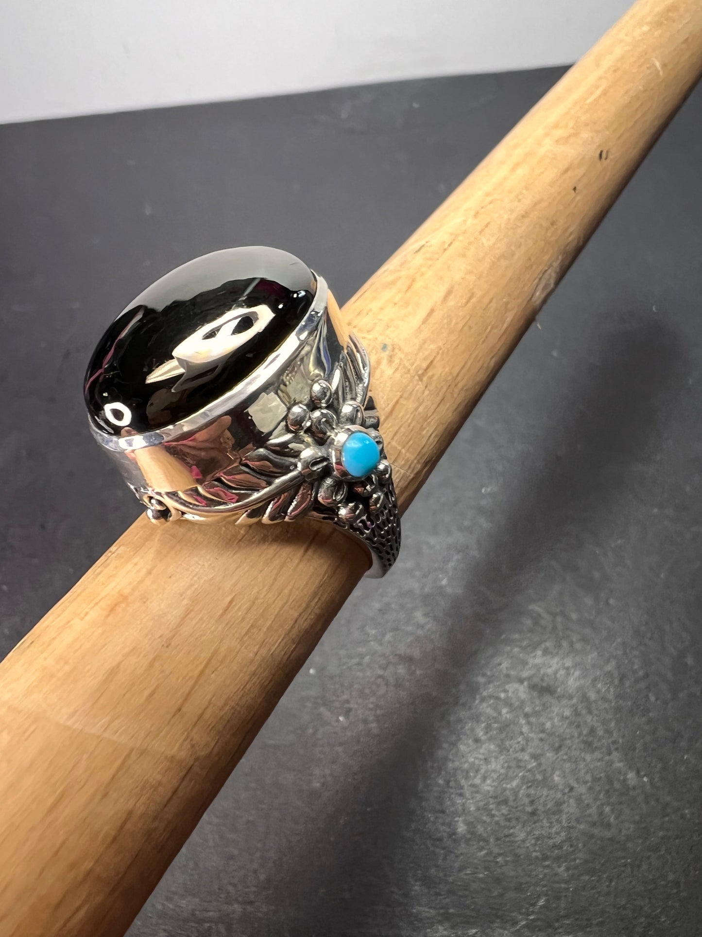 Elite shungite and sleeping beauty turquoise southwest style feather ring in sterling silver size 7 *NEW*