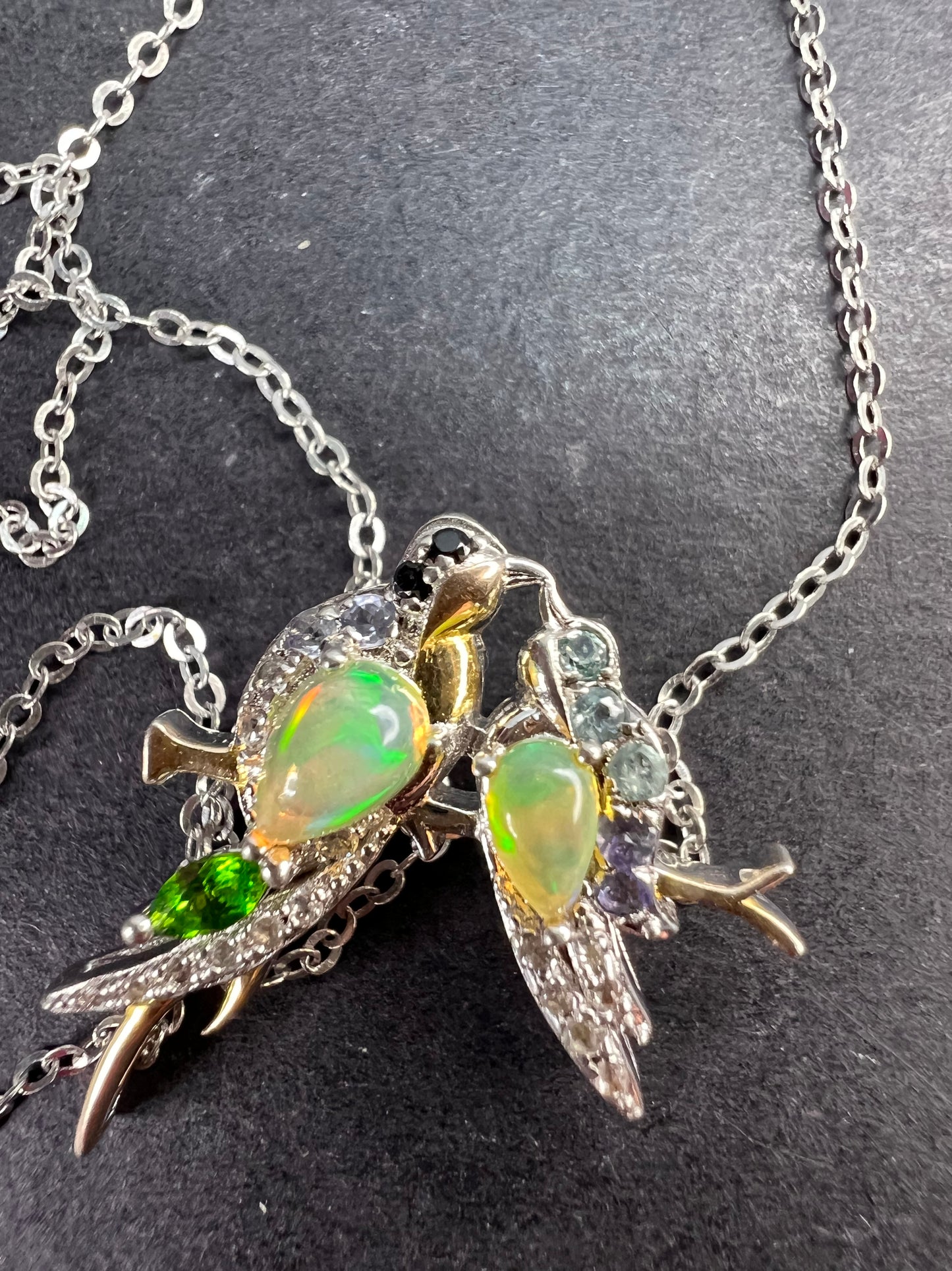 Ethiopian opal love birds multi gemstone two toned pendant and chain in gold and rhodium over sterling silver