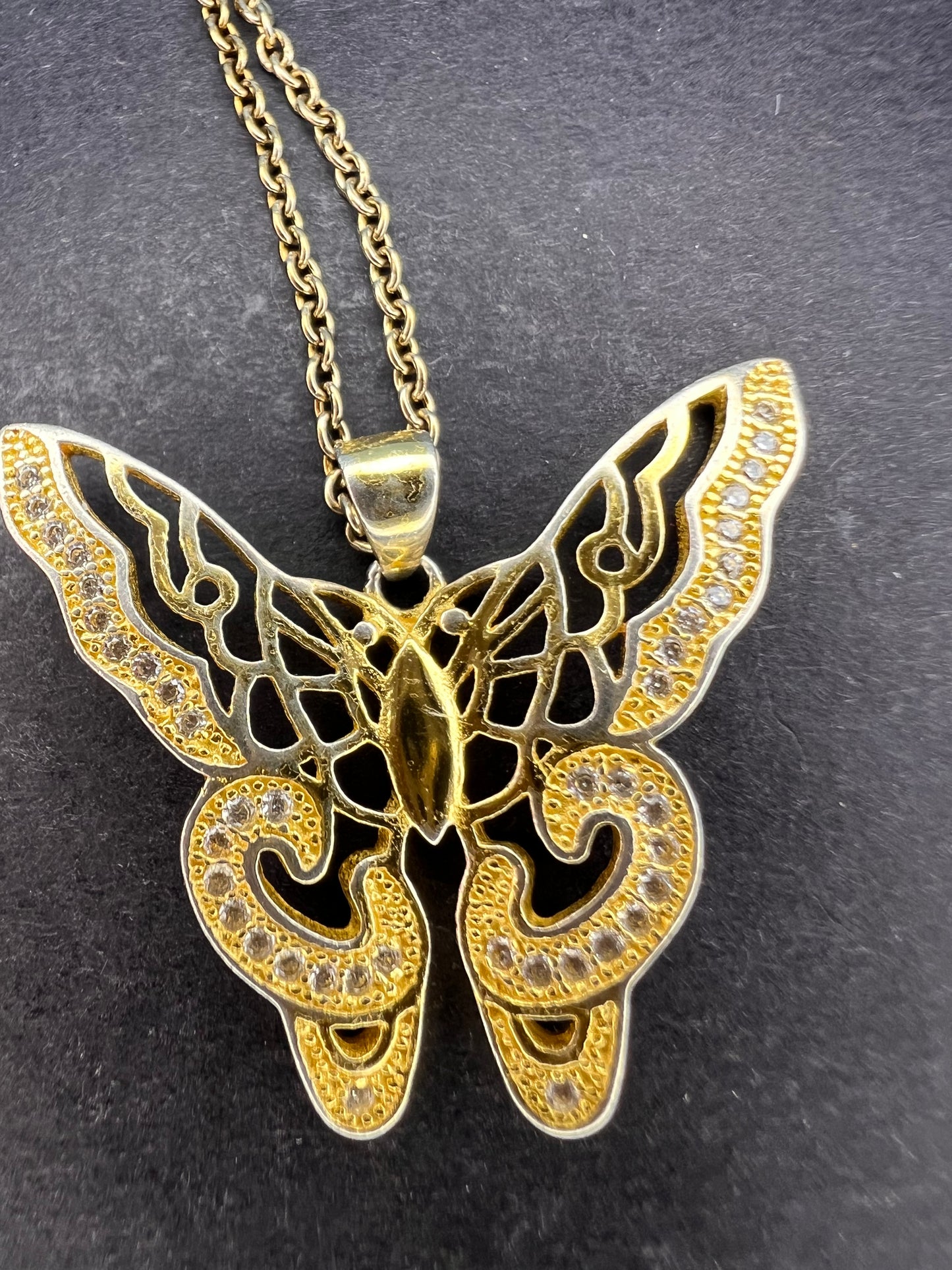 Butterfly CZ gold over sterling silver pendant and chain necklace