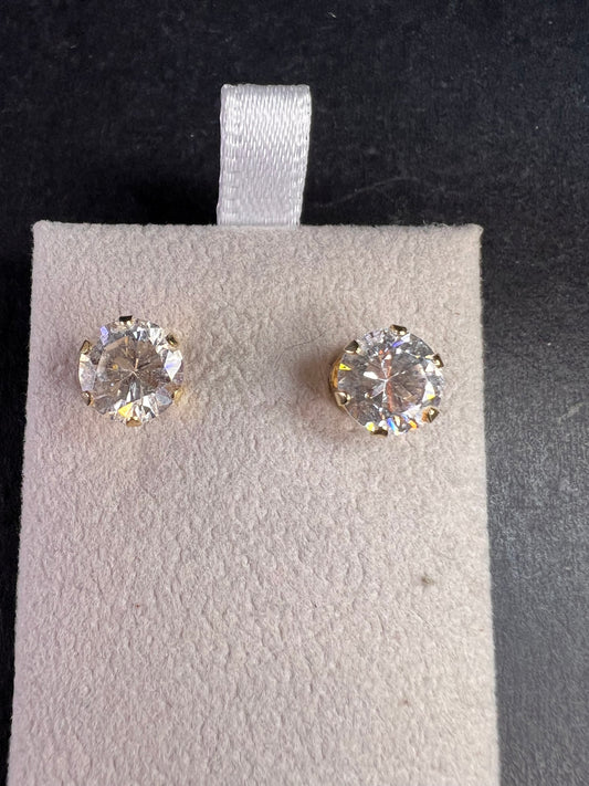 14k Yellow Gold 8.5mm CZ Stud Earrings Pre Owned With Replacement Backs