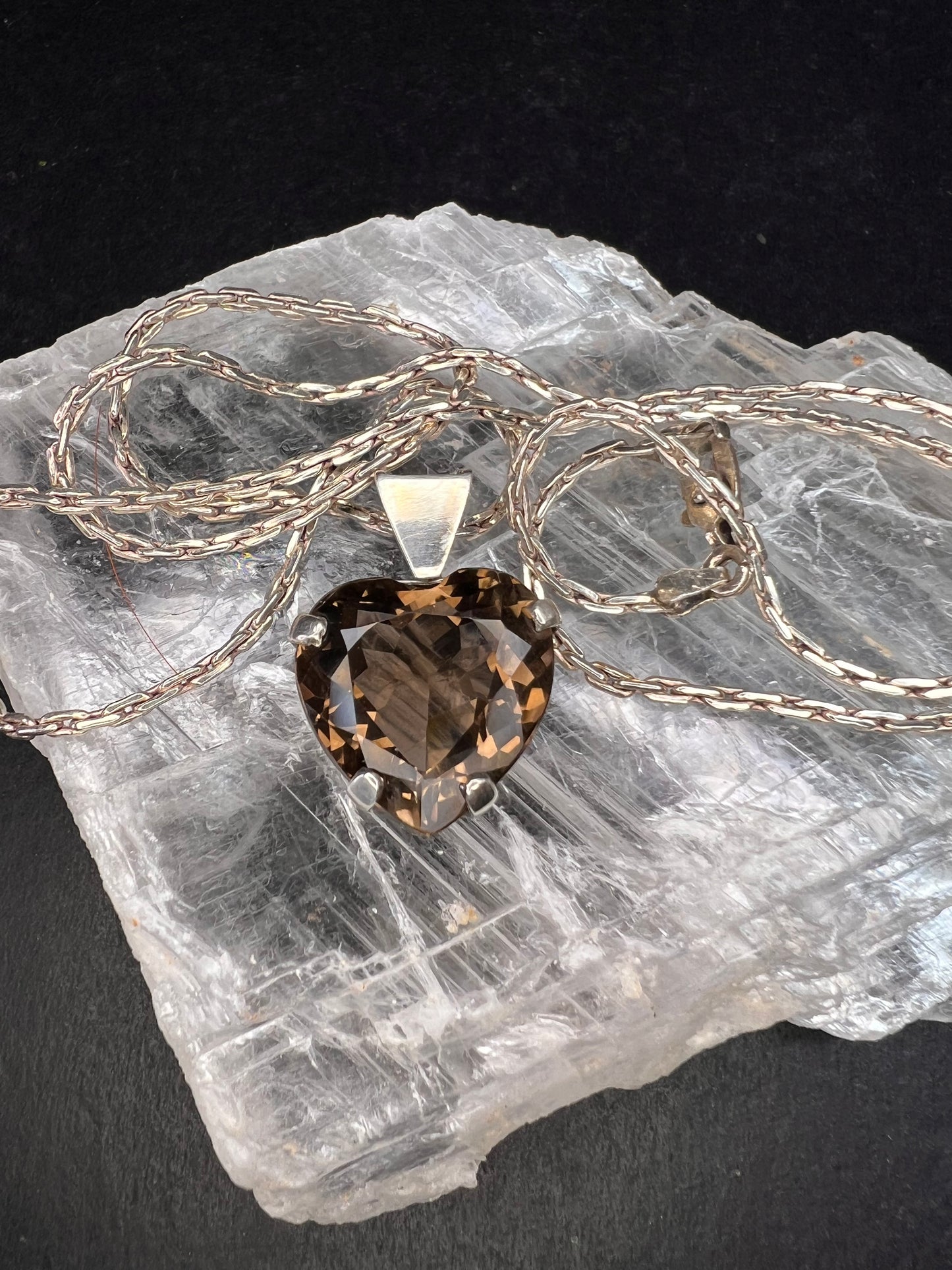 Vintage Smoky Quartz Heart Pendant Necklace Sterling Silver 20”