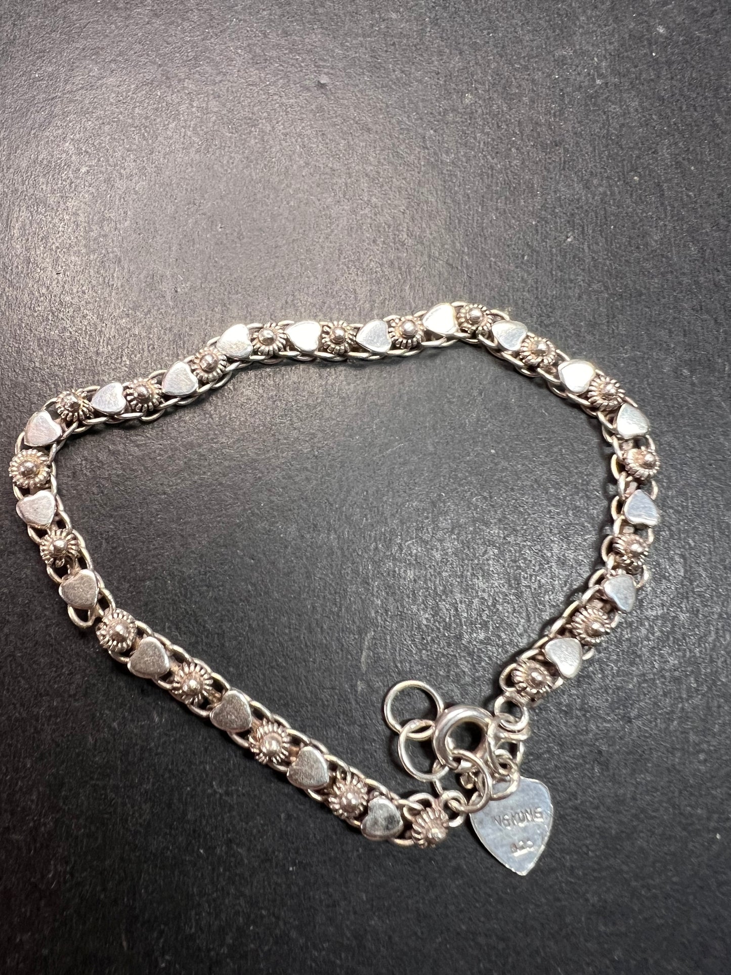 Vintage Cannetille and hearts sterling silver bracelet with charm