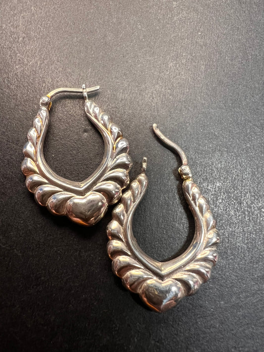 Vintage sterling silver heart hoop earrings