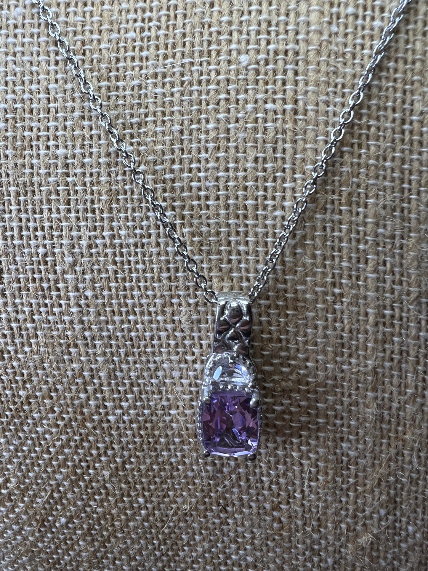 Rose de France amethyst and white topaz sterling silver pendant with stainless steel chain