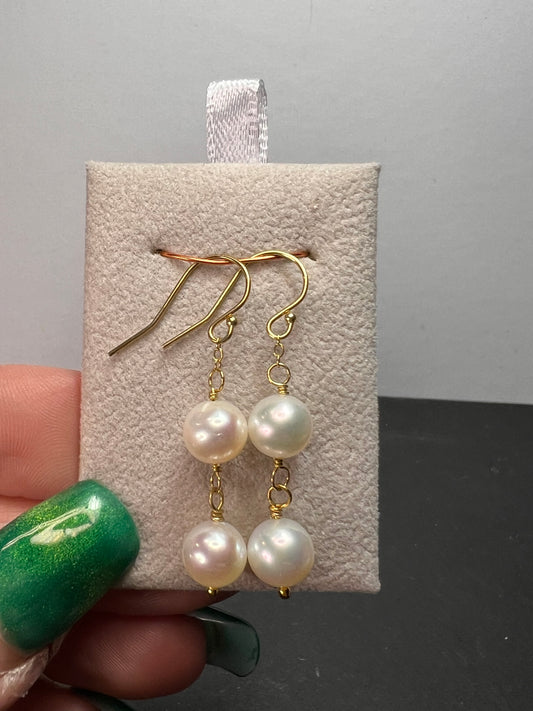 White cultured pearl dangle earrings in gold over sterling silver *NEW*