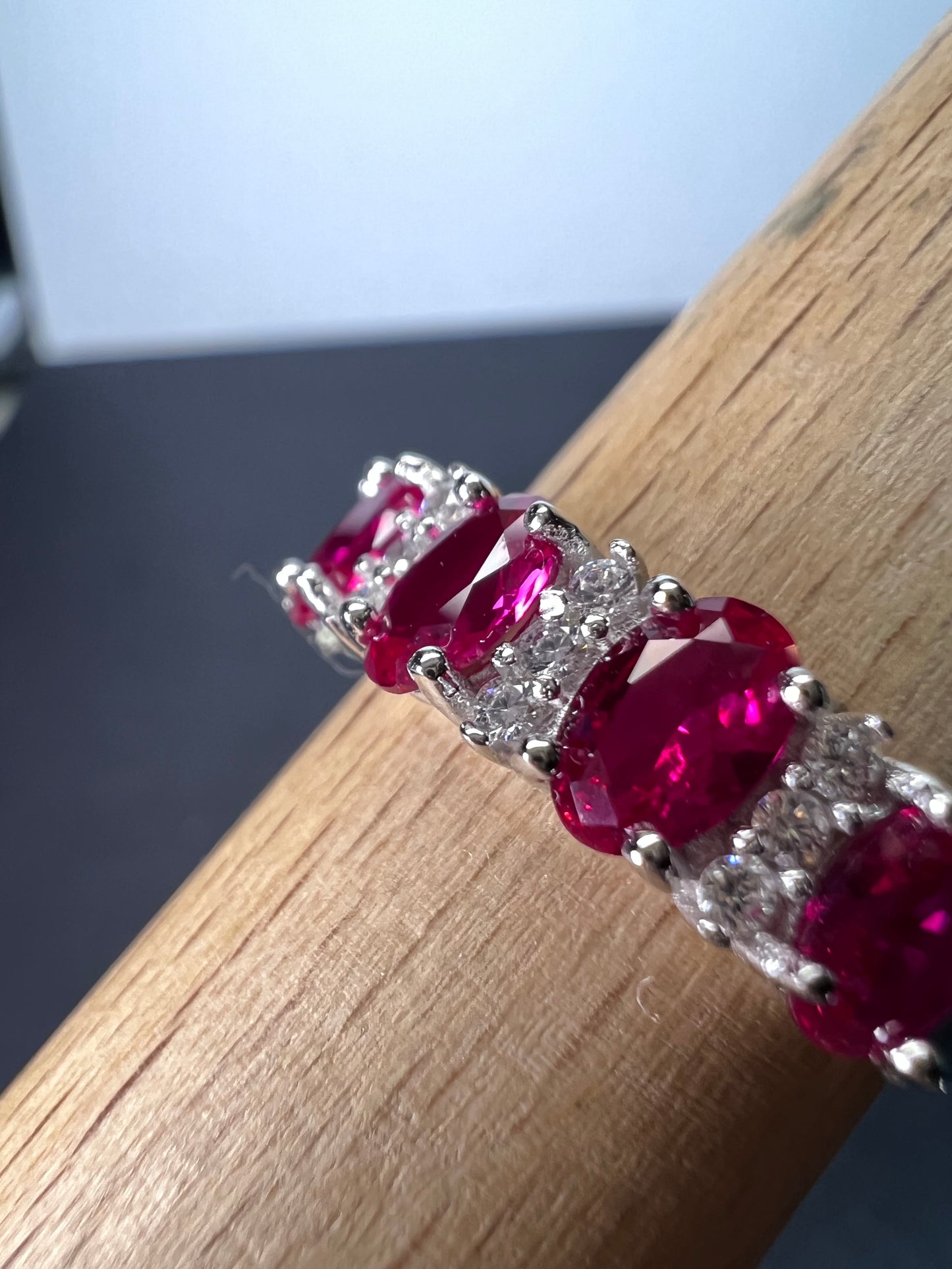 Lab ruby & White Cubic Zirconia Rhodium Over Silver Ring size 10