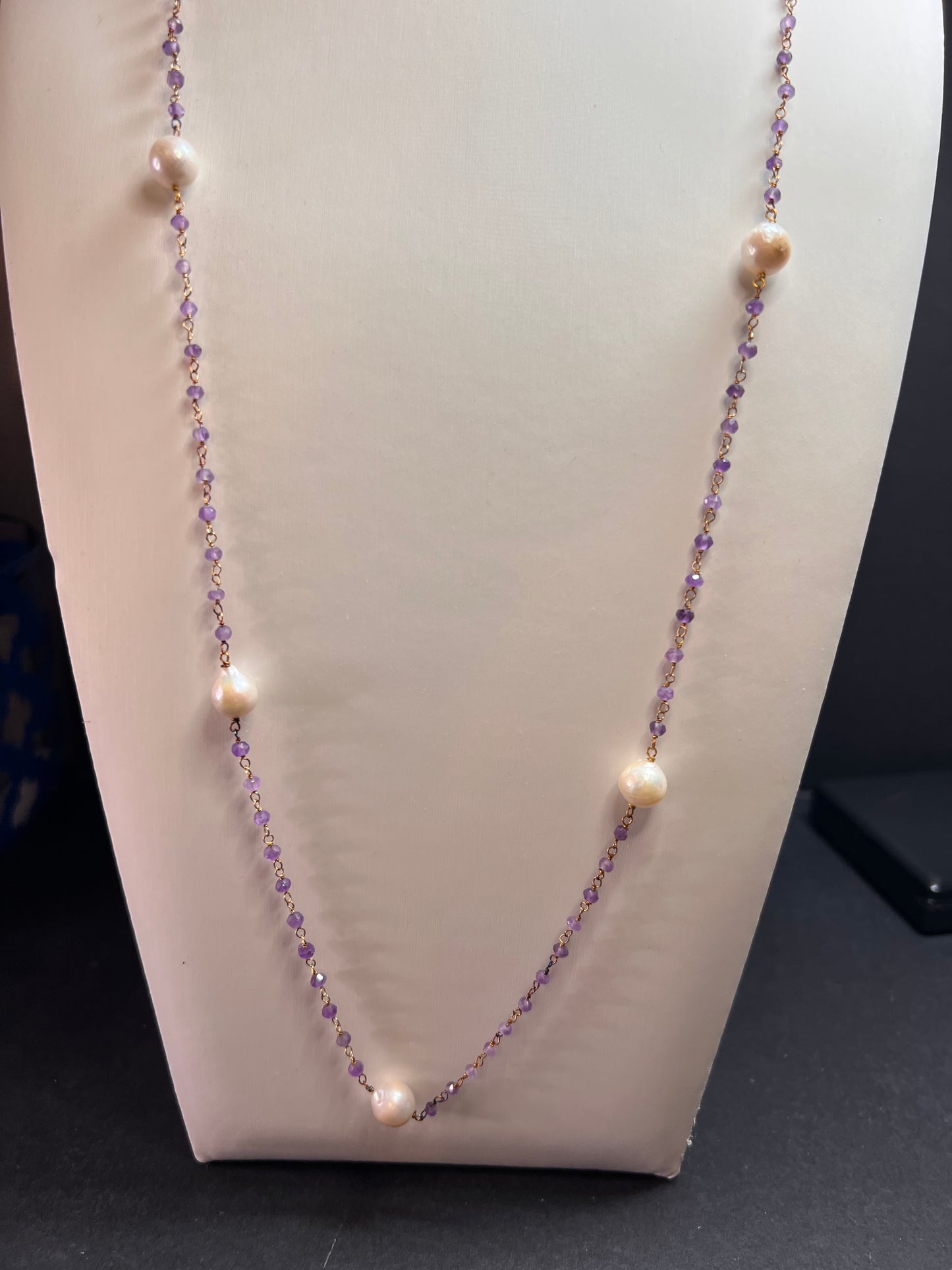 Amethyst and pearl 30 inch station necklace in sterling silver