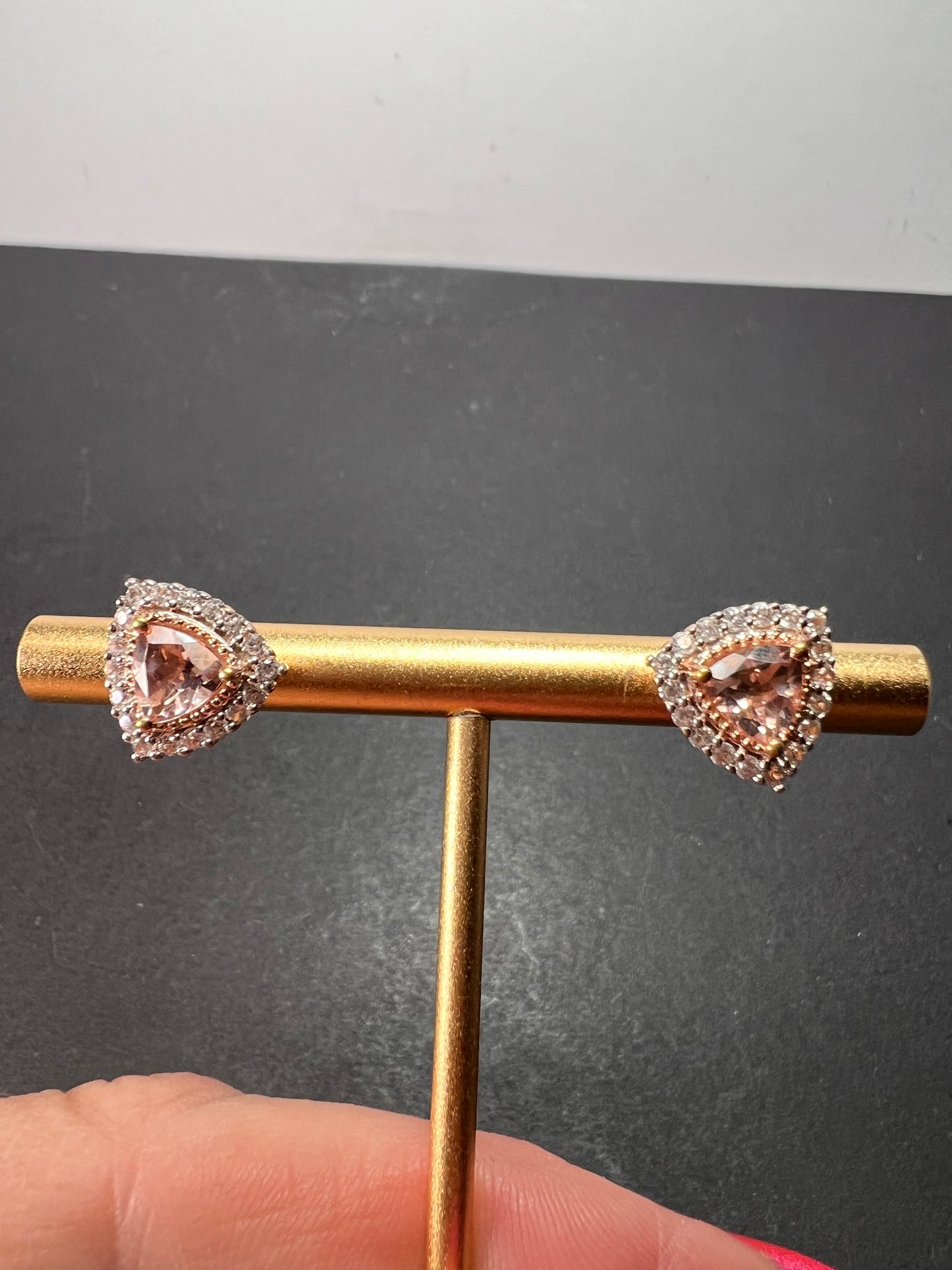 Morganite and zircon trillion halo rose gold over sterling stud earrings