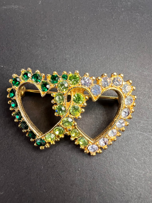 Vintage Gold Tone Double Heart Green Clear Rhinestone Brooch