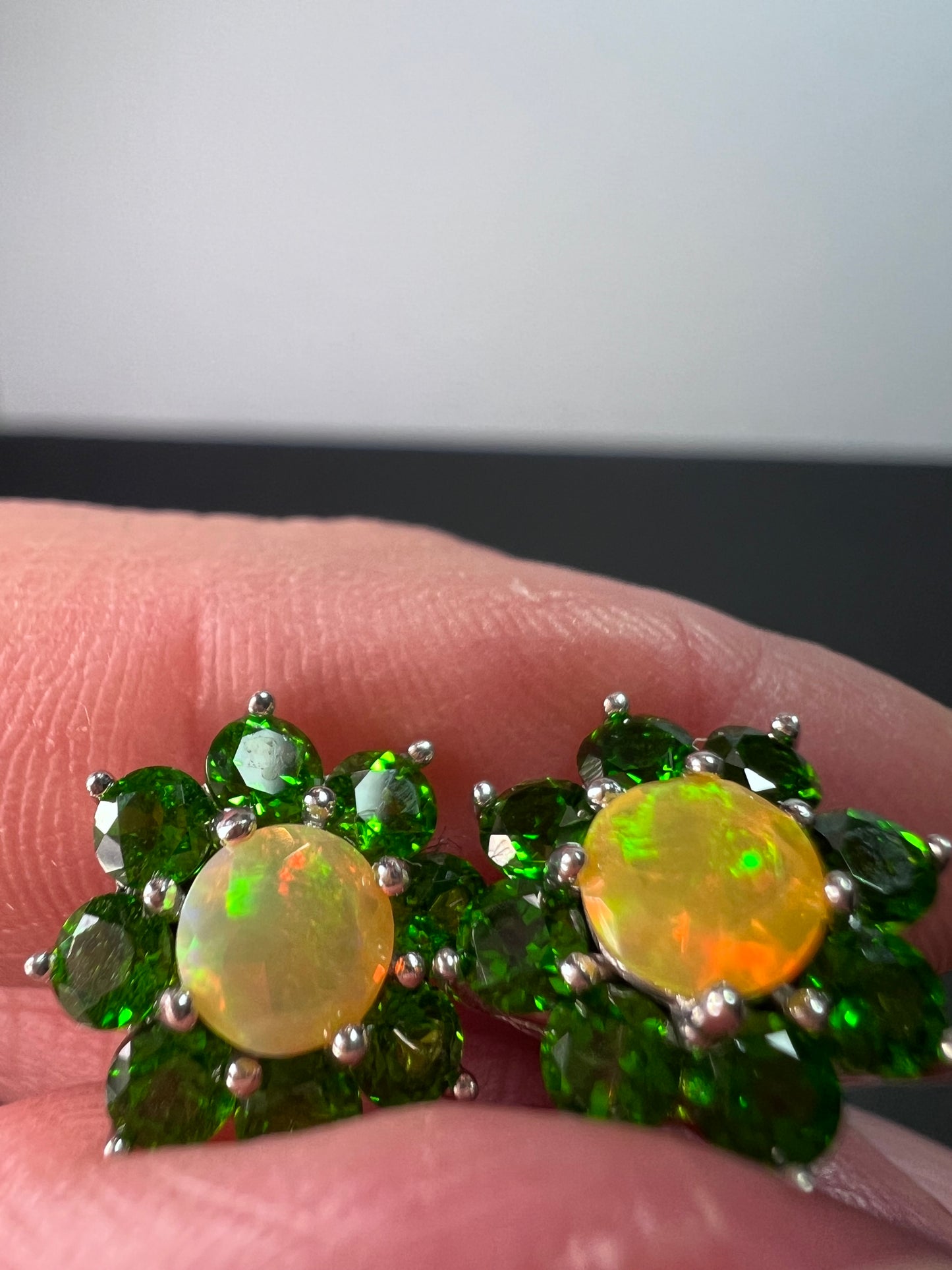 Chrome diopside opal flower stud earrings