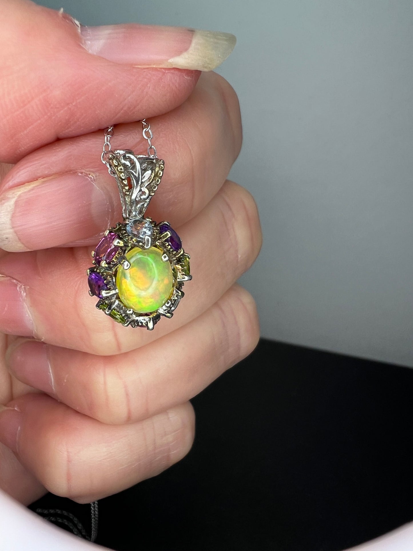 Ethiopian opal multi stone sterling silver halo pendant necklace