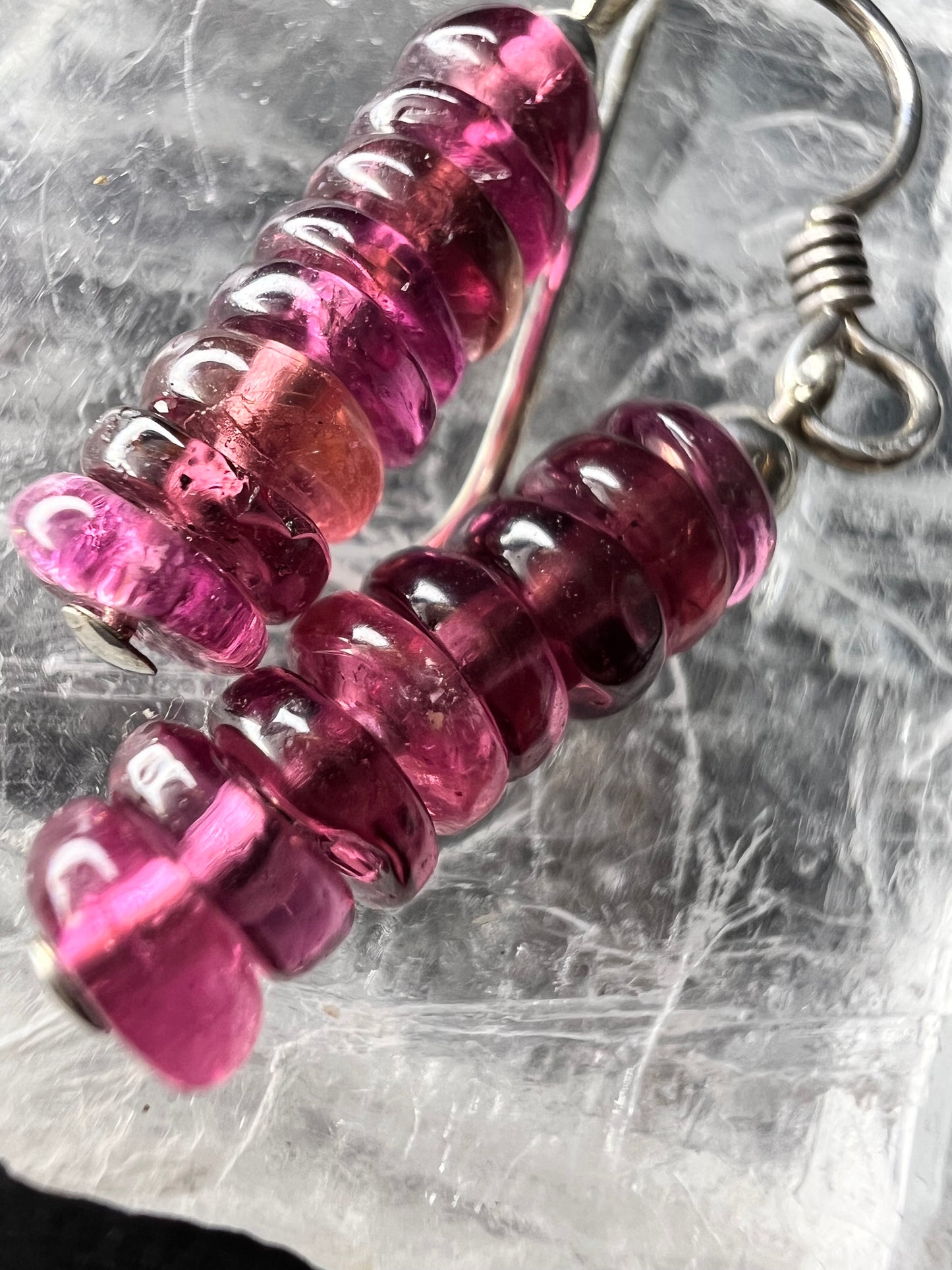 Sterling Silver Pink Rubellite Tourmaline Heishi Drop Earrings
