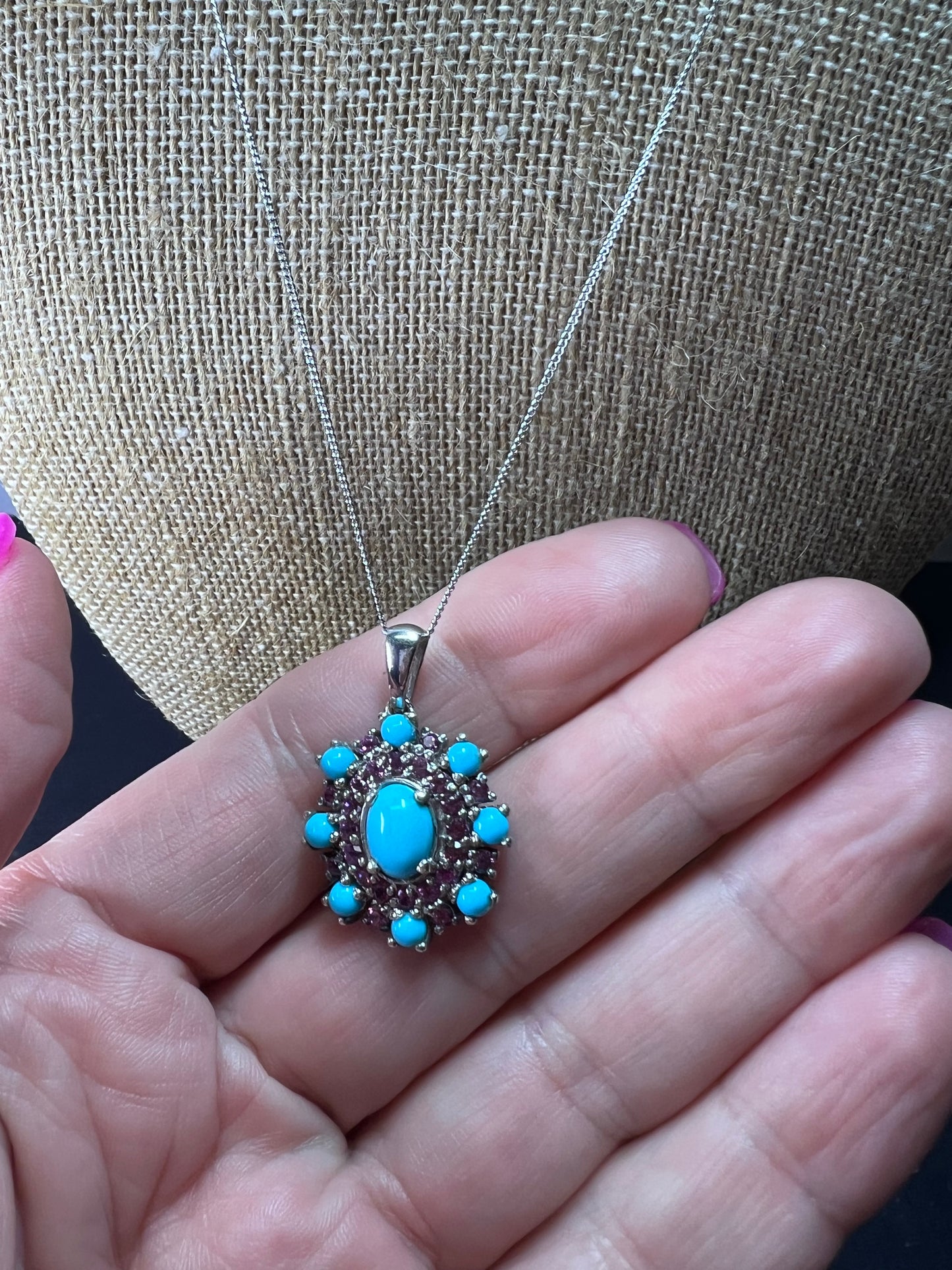 Turquoise grape rhodolite garnet sterling silver pendant and chain