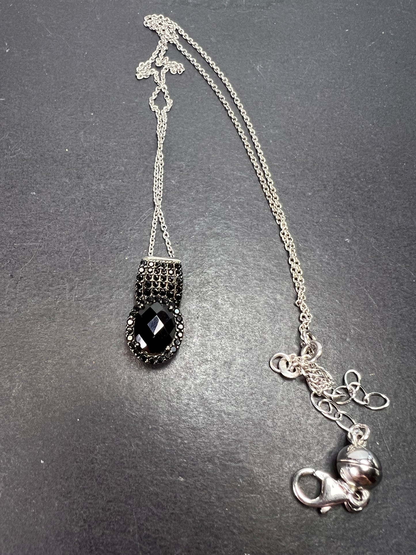 Black spinel pendant and chain necklace in rhodium over sterling silver