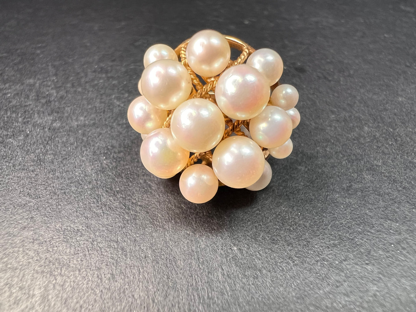 Vintage 14K Gold Cluster Pearl Cocktail Ring – Mid Century Dome Design- size 6