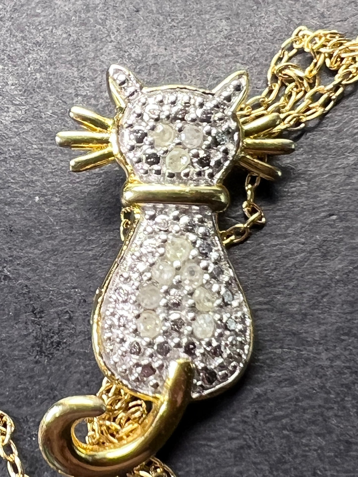 White Diamond 14k Yellow Gold Over Sterling Silver Cat Pendant With Chain 0.10ctw