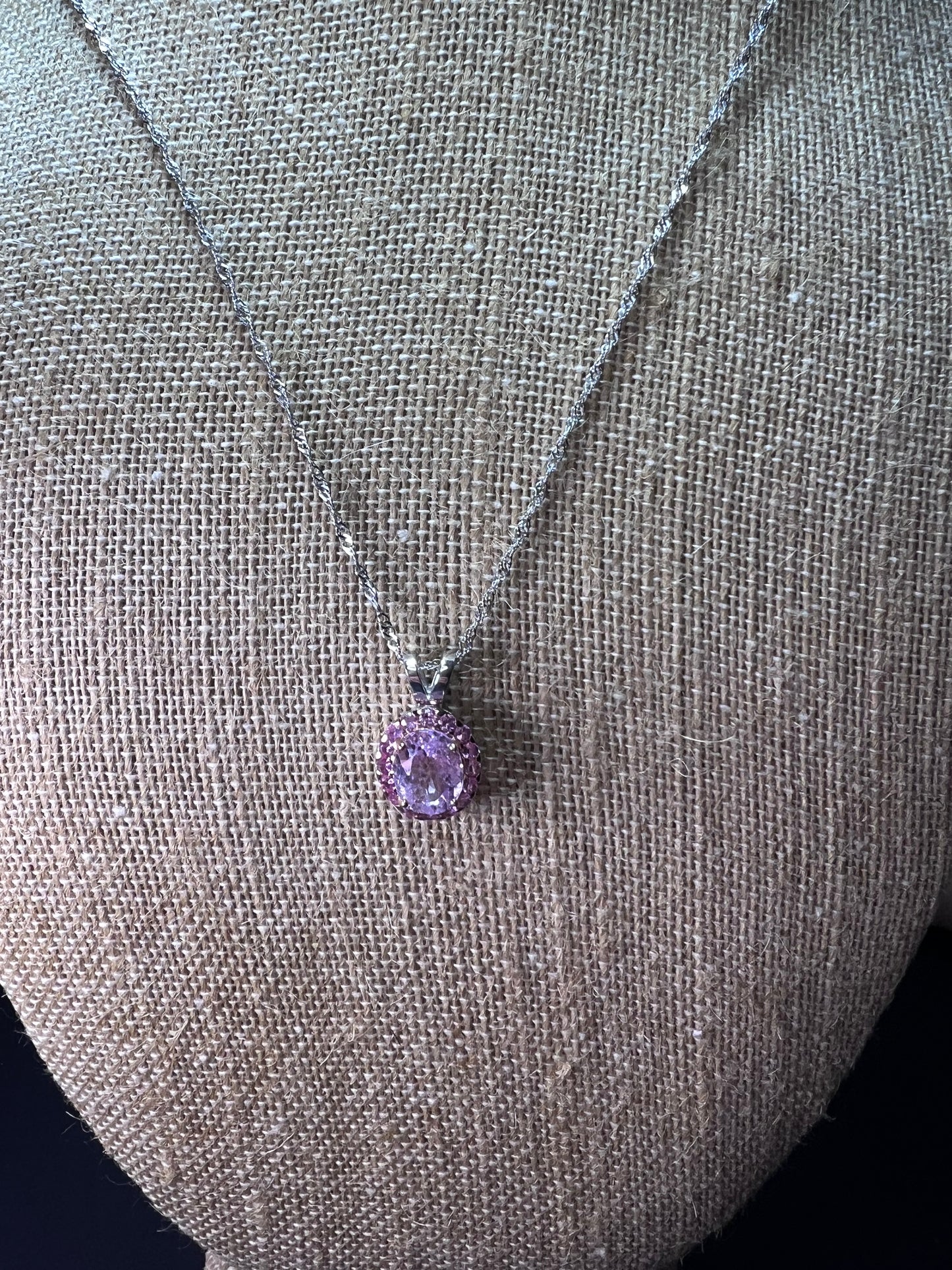 Kunzite and pink sapphire halo pendant necklace in sterling silver