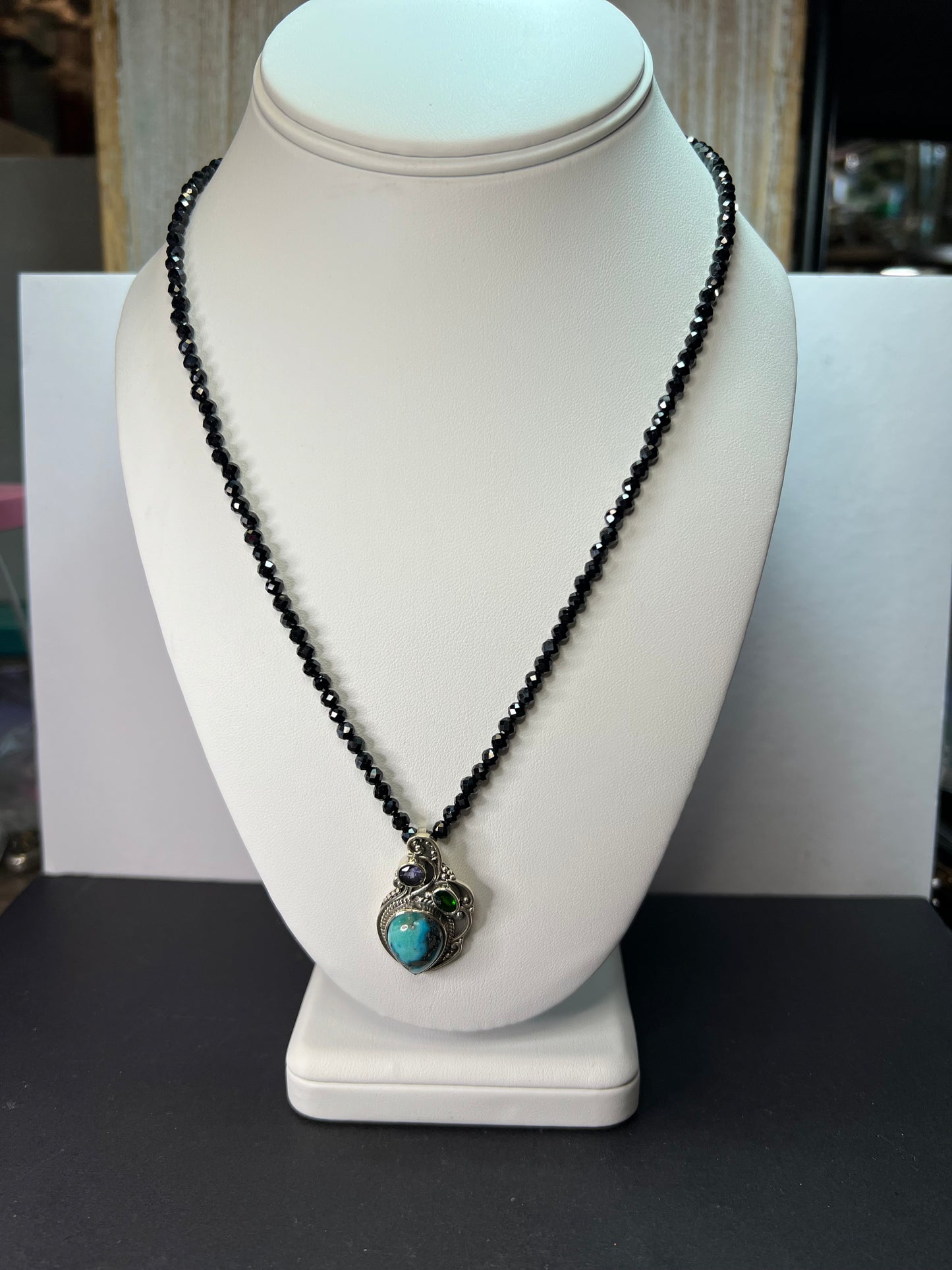 Black spinel and turquoise multi gem sterling silver pendant necklace