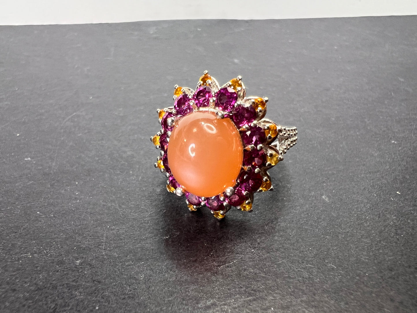 Peach moonstone and raspberry rhodolite garnet sunburst ring in platinum over sterling silver size 7 *NEW*