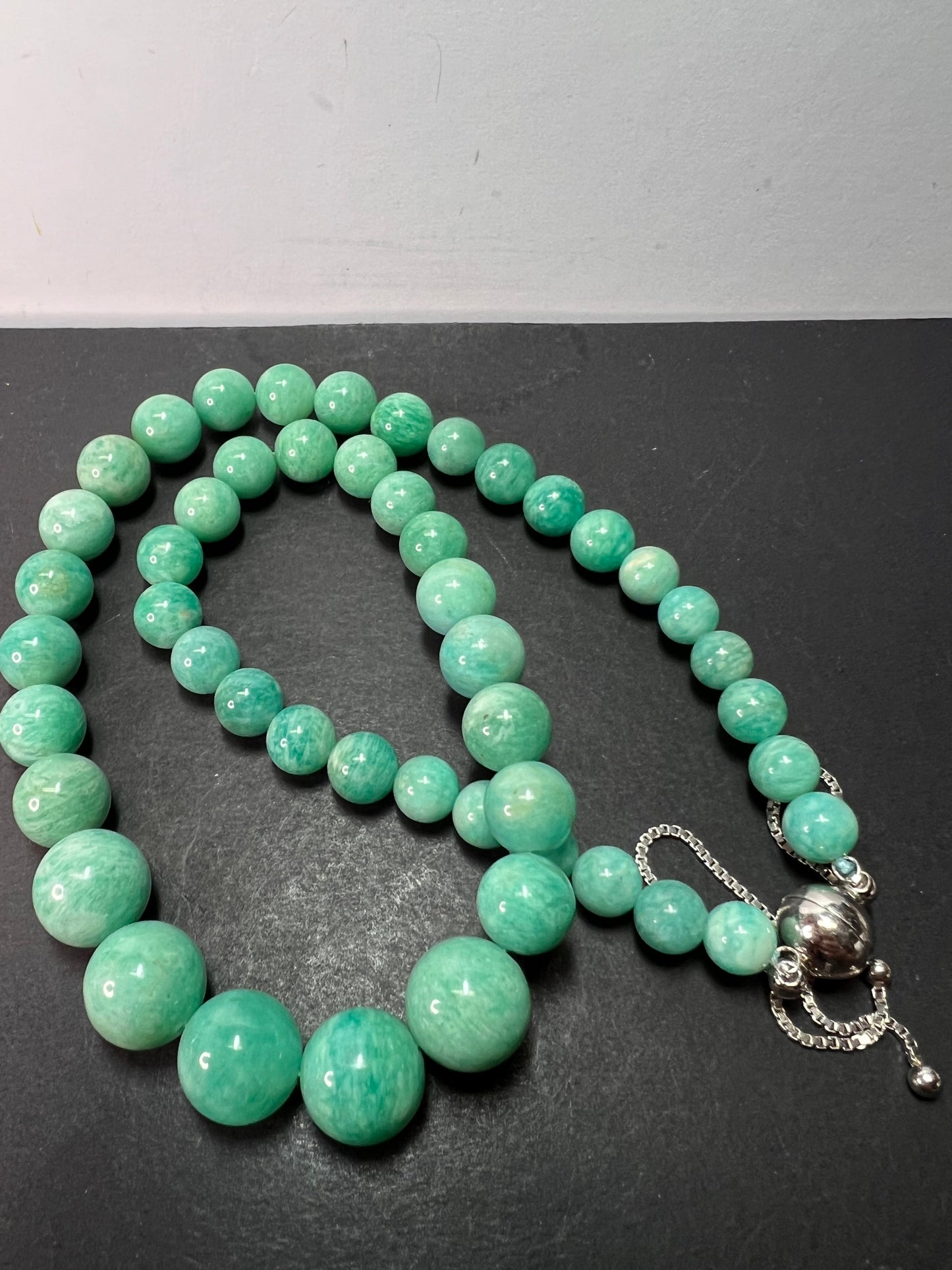 Amazonite beaded bolo necklace with sterling clasp and slide adjustments