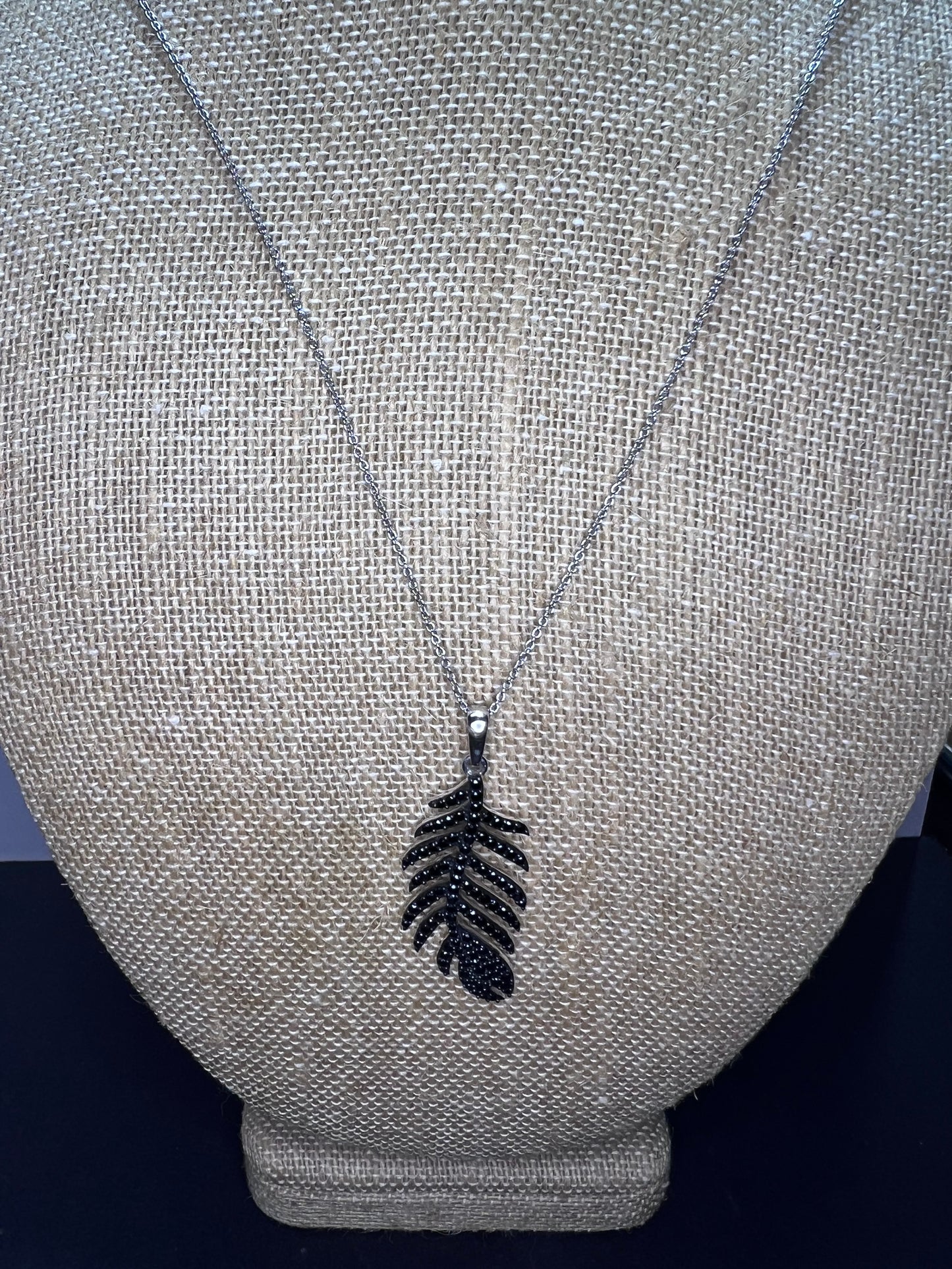 Black Spinel Sterling Silver Feather Pendant With 18 inch Chain