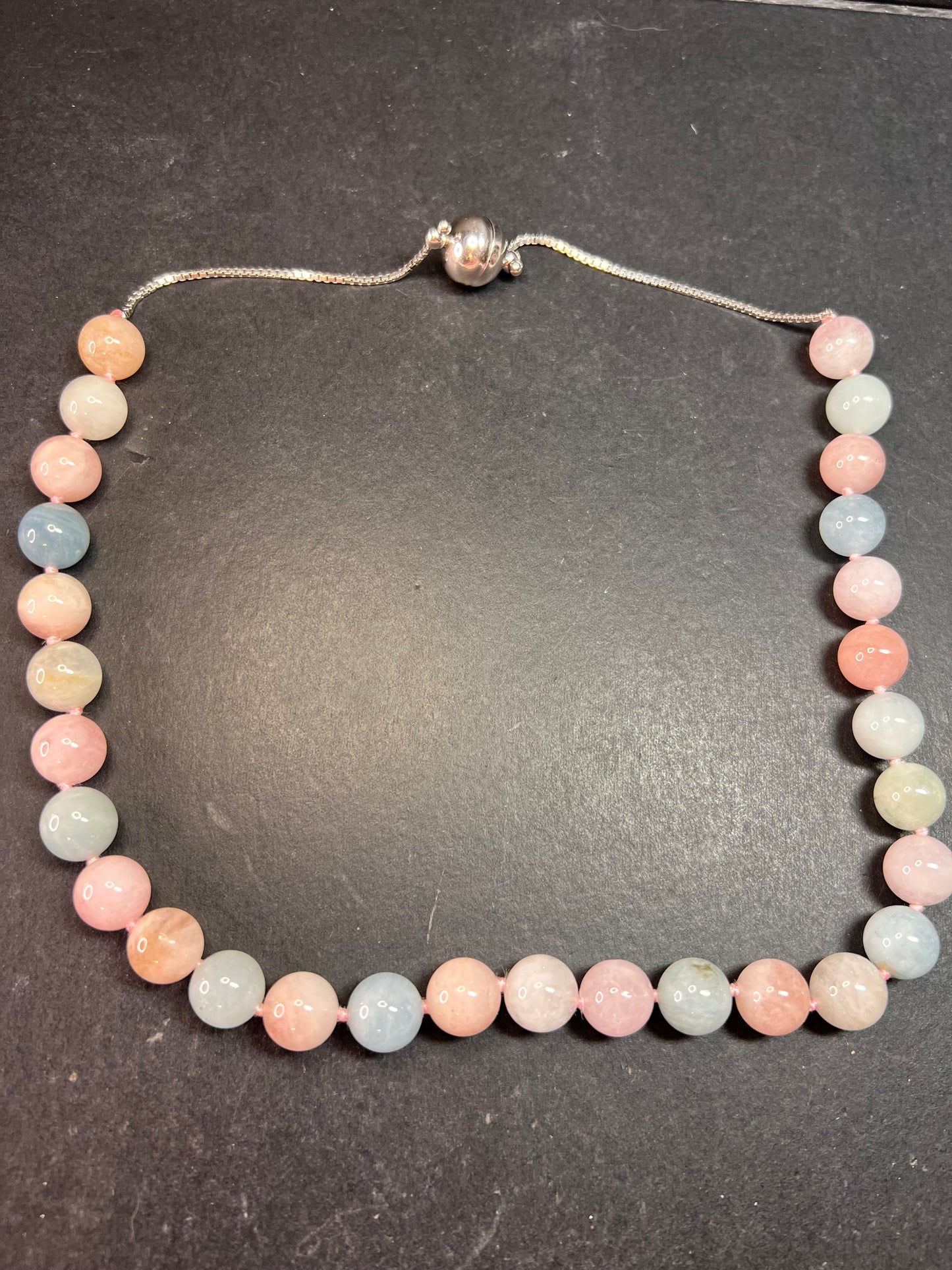 Modern Multi Beryl Bolo Necklace 12mm Morganite Aquamarine Sterling