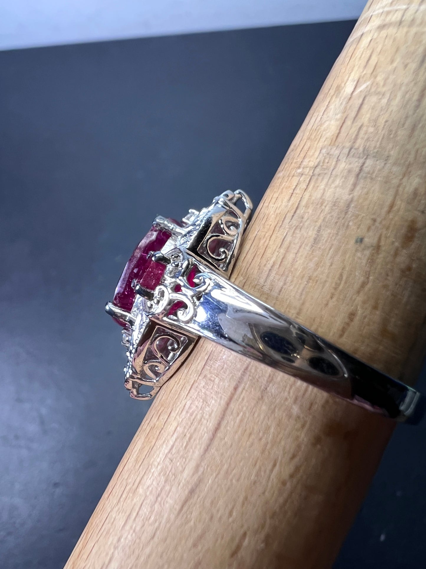 Ruby and white topaz sterling silver cocktail ring size 9