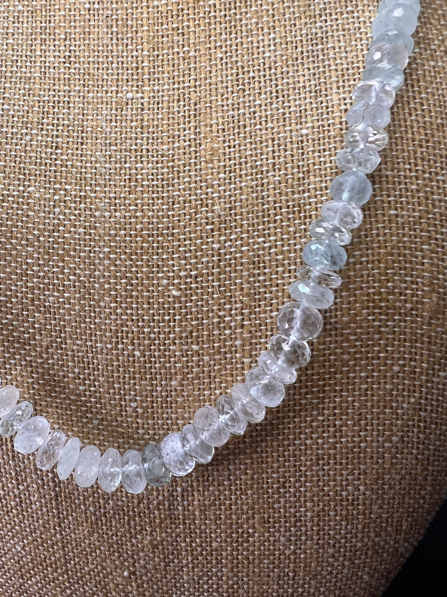 Natural aquamarine faceted rondelle graduated 20 inch necklace with platinum over sterling clasp