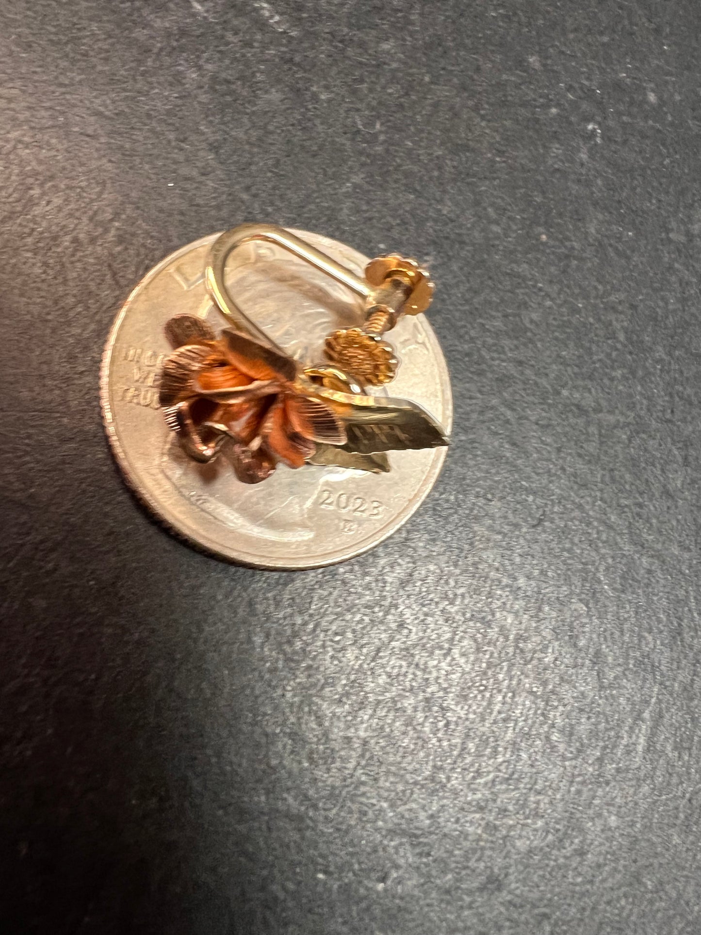 Vintage Krementz Rose and yellow gold tone Flower Leaf Screw Back Earrings