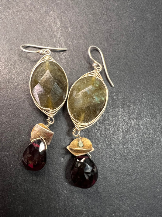 Labradorite and rhodolite garnet sterling silver dangle earrings