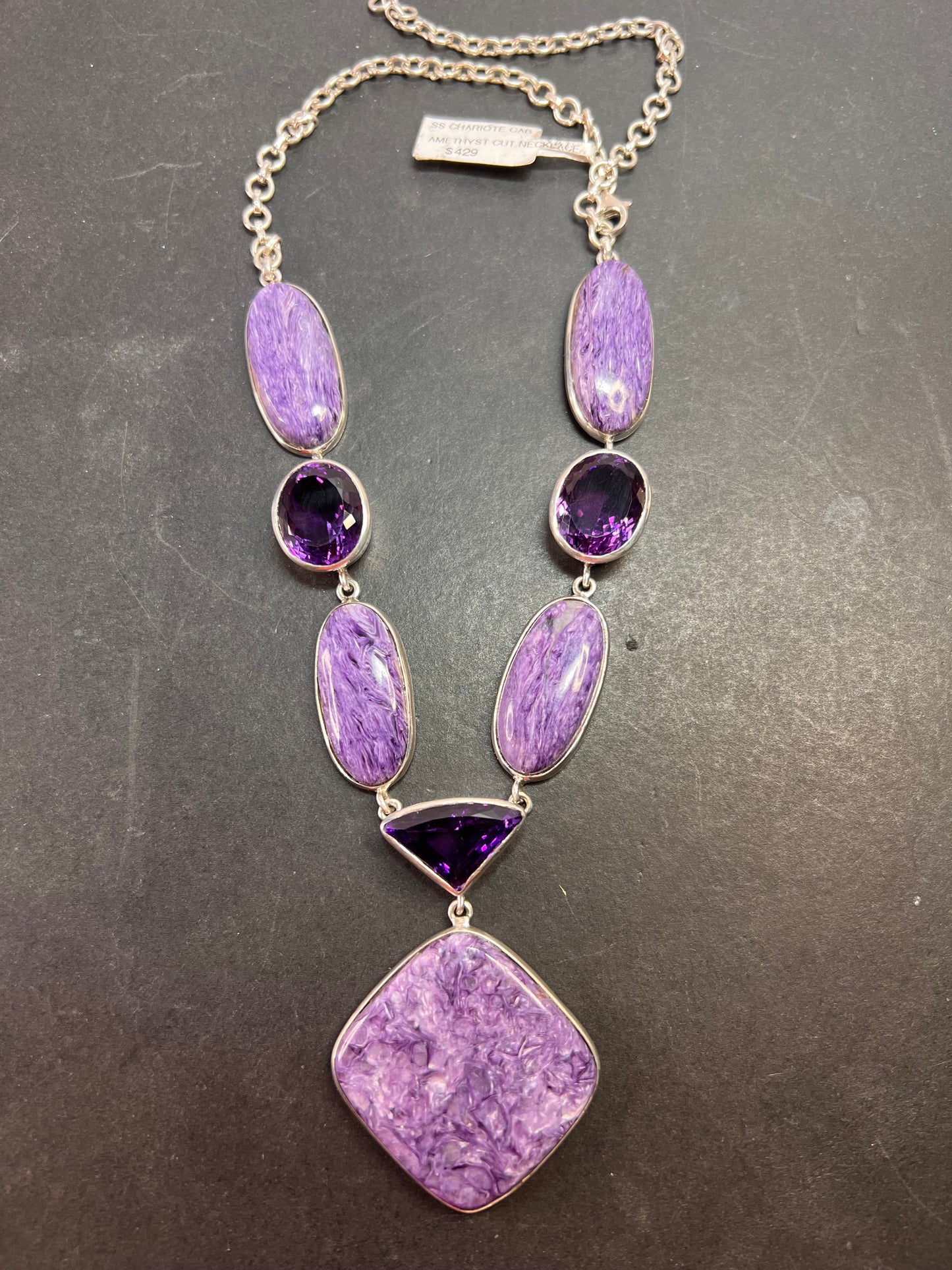 NEW Charoite and amethyst sterling silver necklace