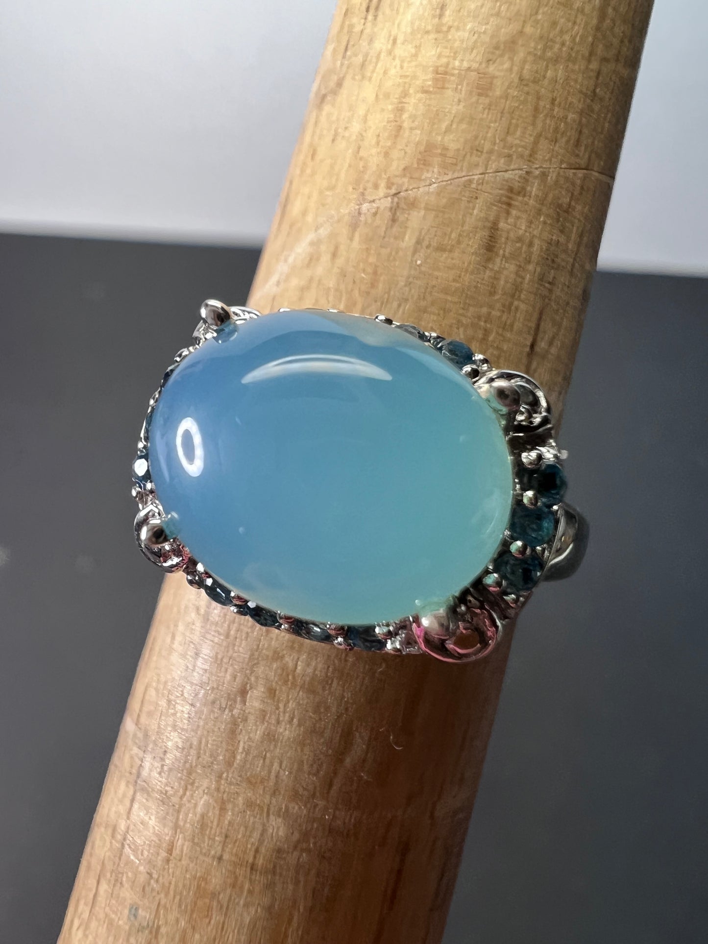 Aqua blue chalcedony blue topaz sterling silver halo ring size 7