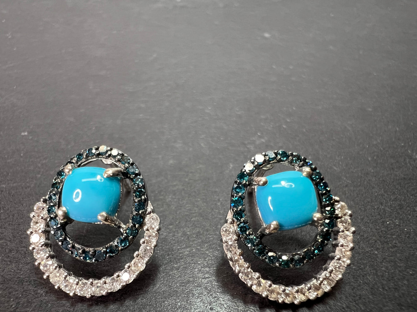 Sleeping Beauty turquoise and blue diamond double ring earrings in platinum over sterling silver