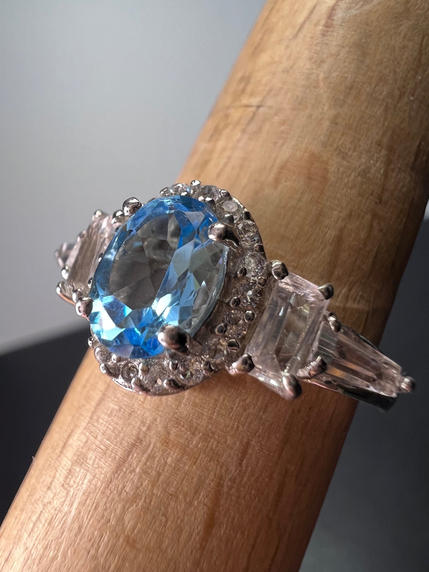 Blue and white topaz sterling silver halo ring size 9