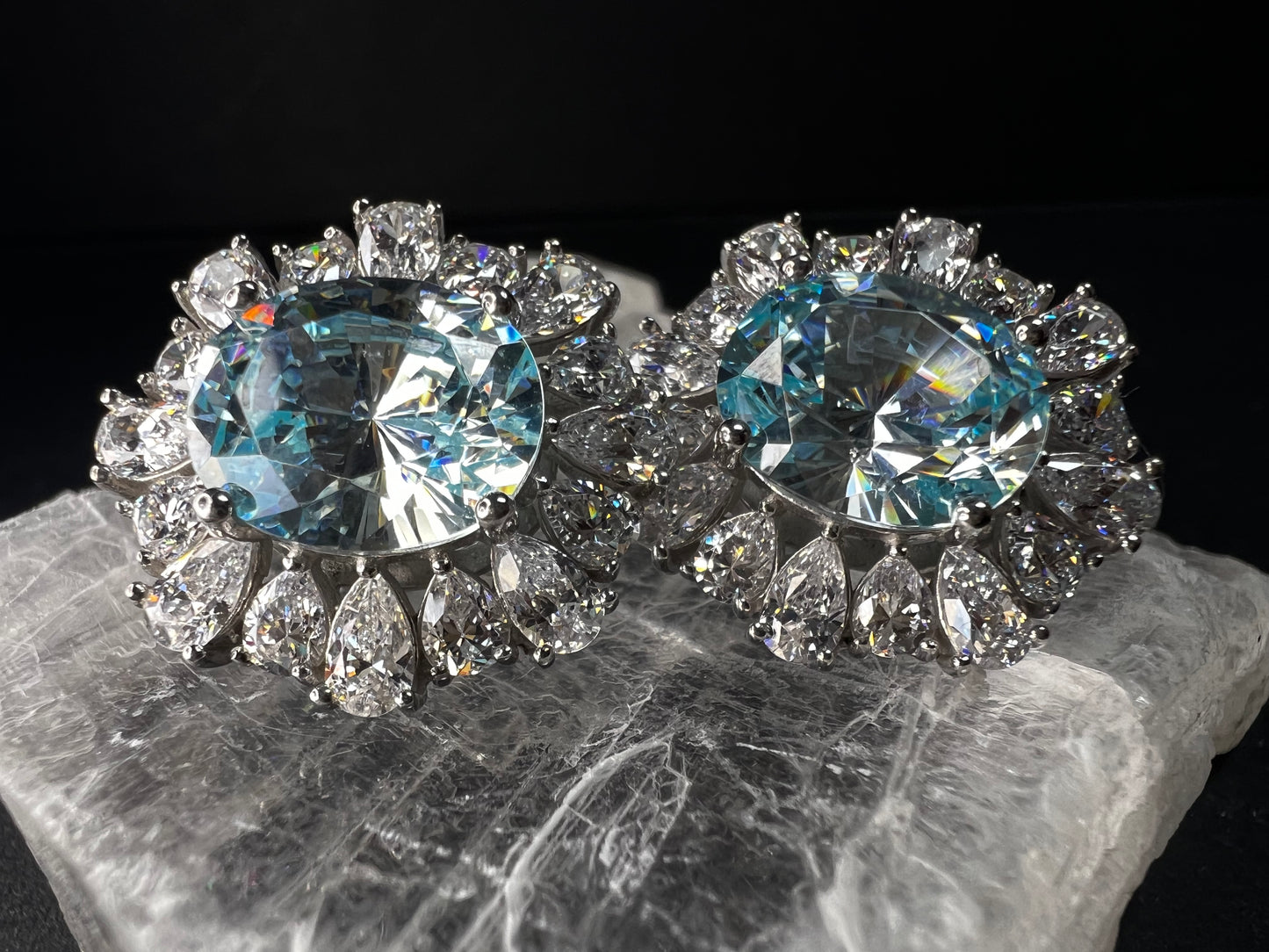 Sterling Silver Aqua CZ Halo Omega Back Earrings New w Tags
