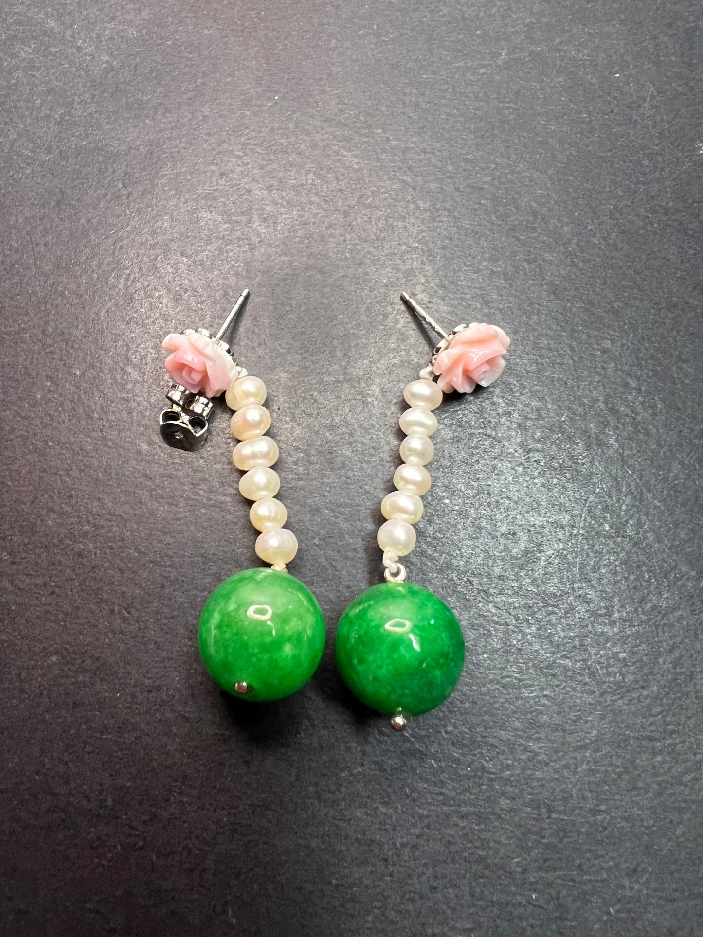 Green Jade , pink flowers and freshwater pearl earrings in rhodium over sterling silver