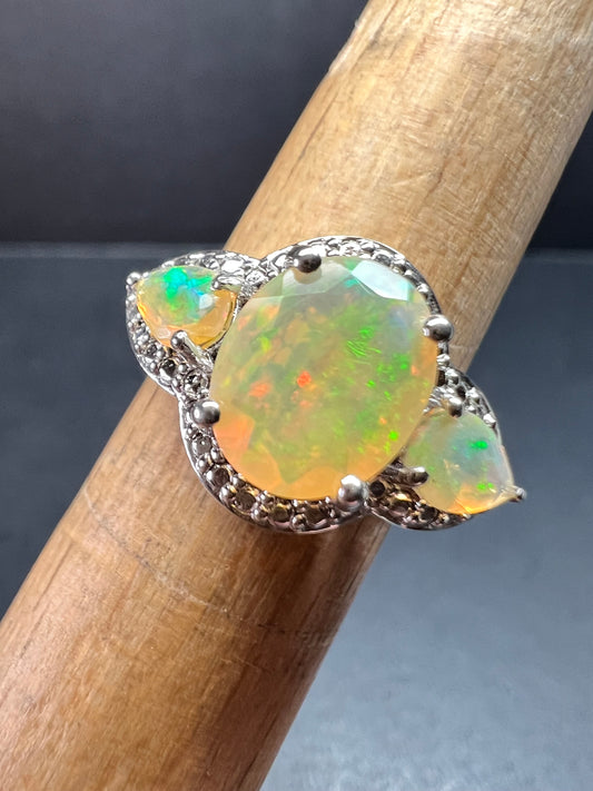 Ethiopian Opal Sterling Silver Halo Ring Size 6